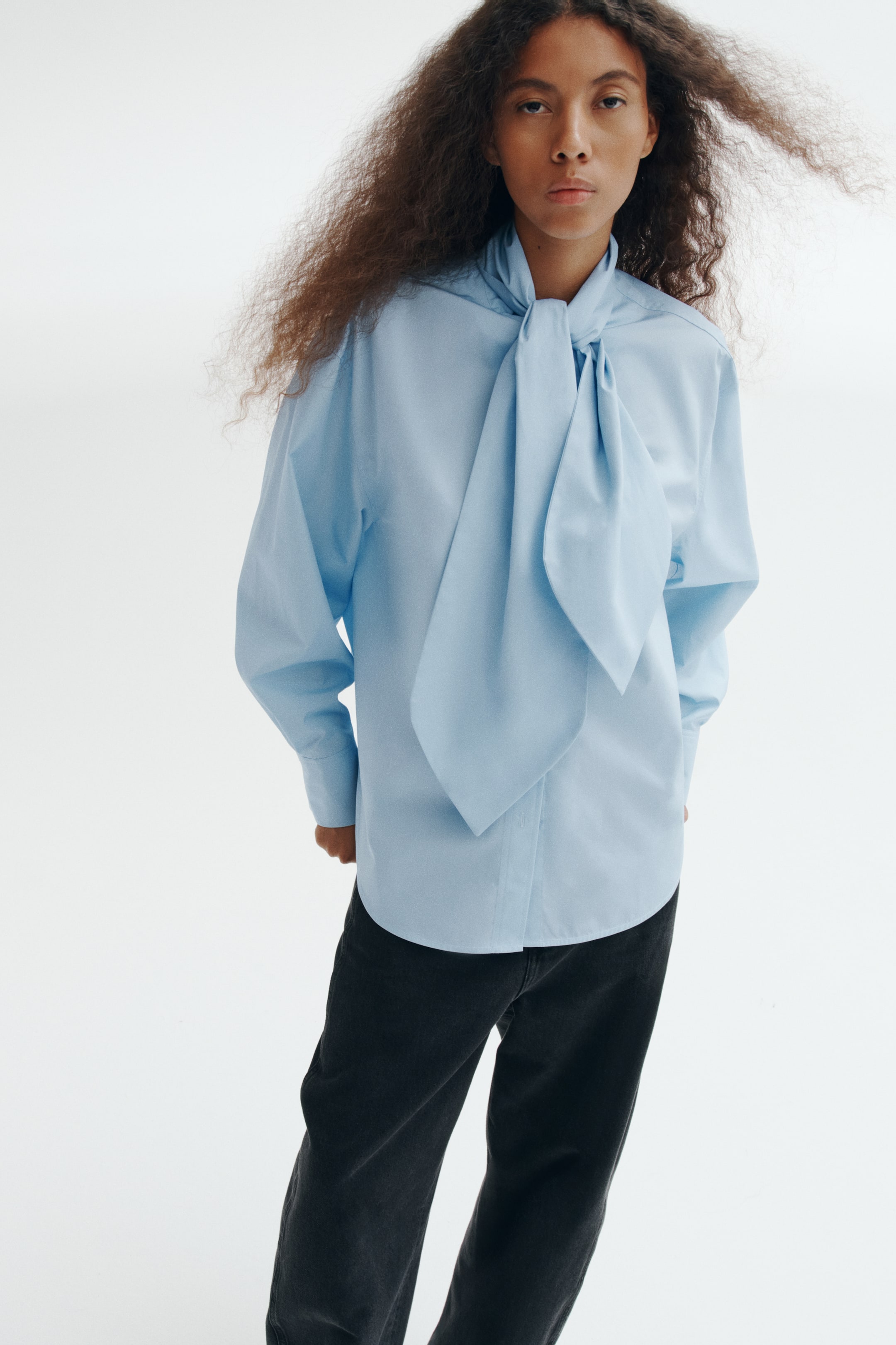 Bow-Collar Cotton Poplin Shirt