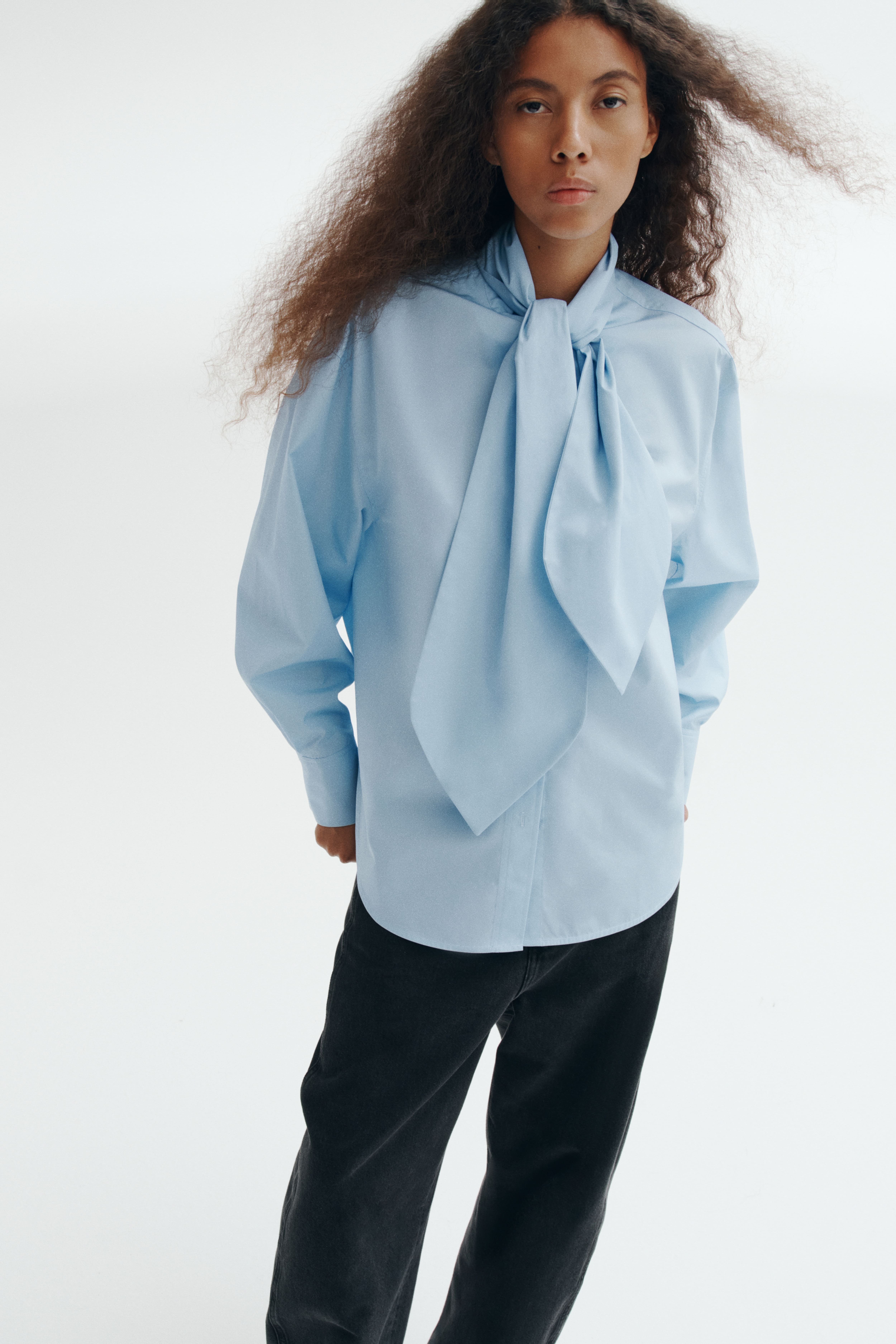 Bow-Collar Cotton Poplin Shirt