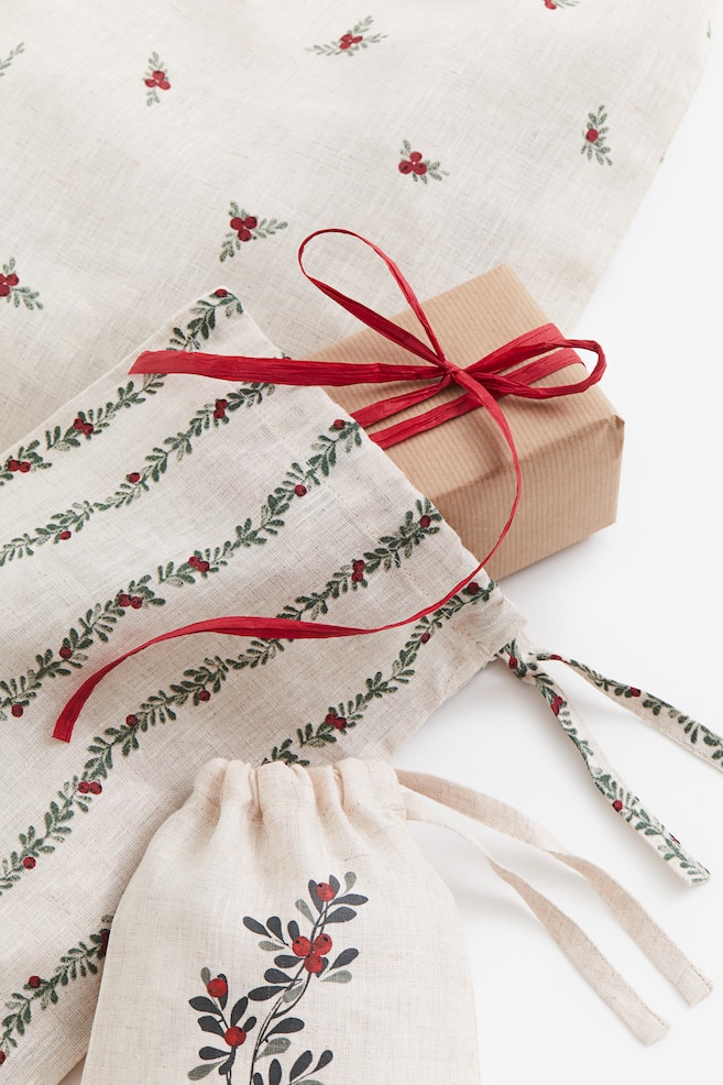 3-pack linen gift bags - Light beige/Mistletoe - 3