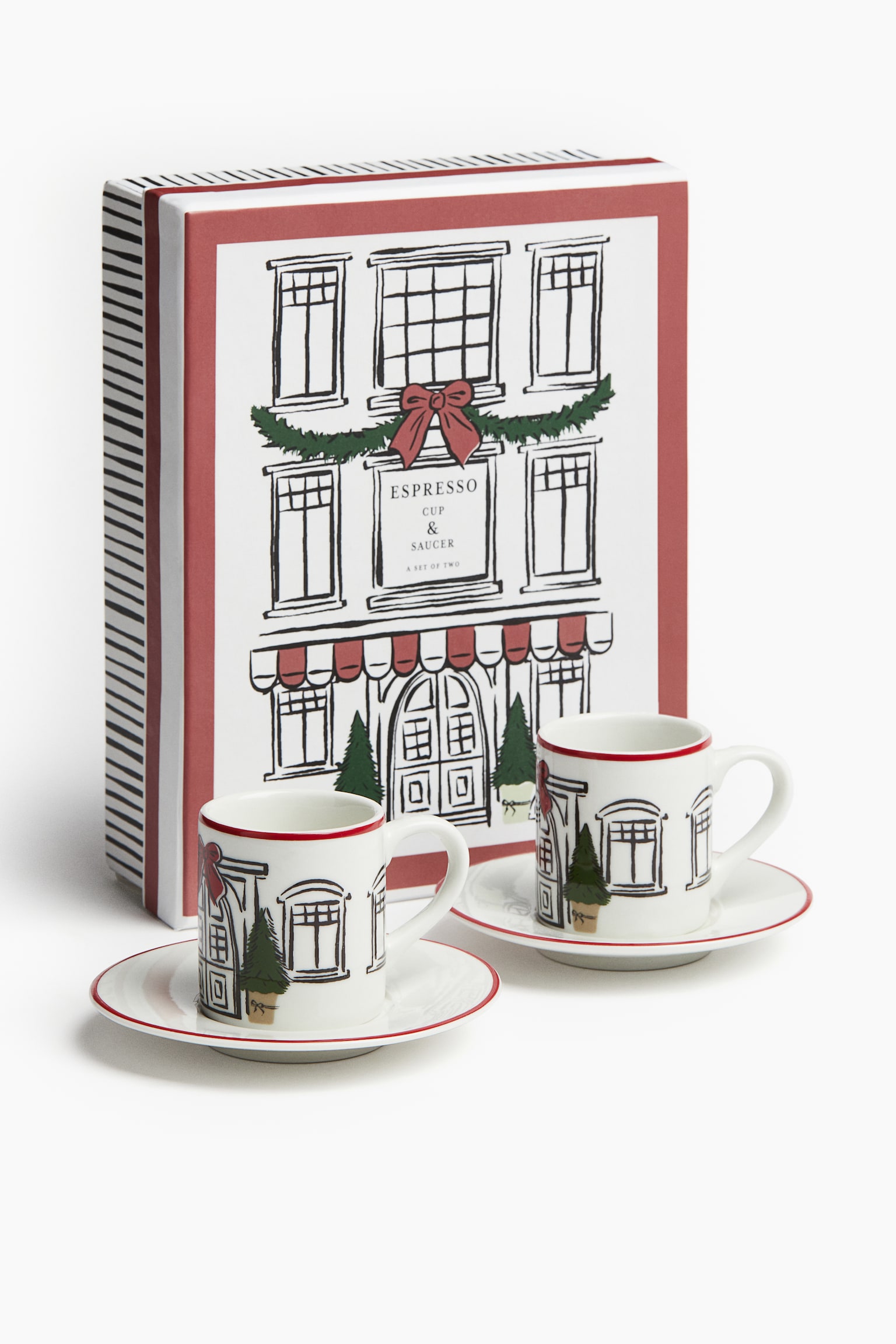 Gift-boxed 2-pack espresso cups & saucers - White/House/Red/Christmas motif - 1