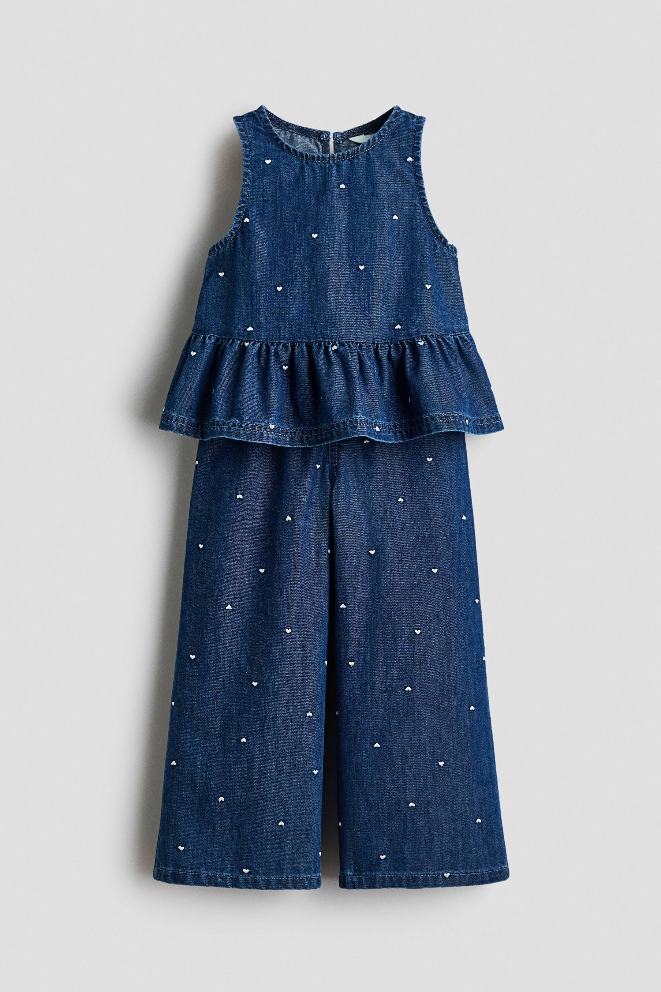 View larger image: 2-piece embroidered denim set - Dark denim blue/Hearts - Kids | H&M 1