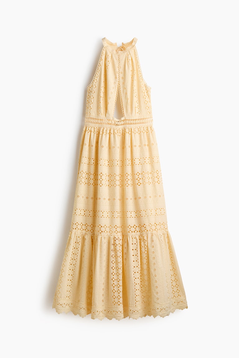 h&m yellow dress FLORAL LEMON RUFFLE FRILL TROPICAL POPLIN MIDI SIZE 4 6 32 US 2 Overlocked ruffles at armholes H&M Women Cream Yellow Lyocell