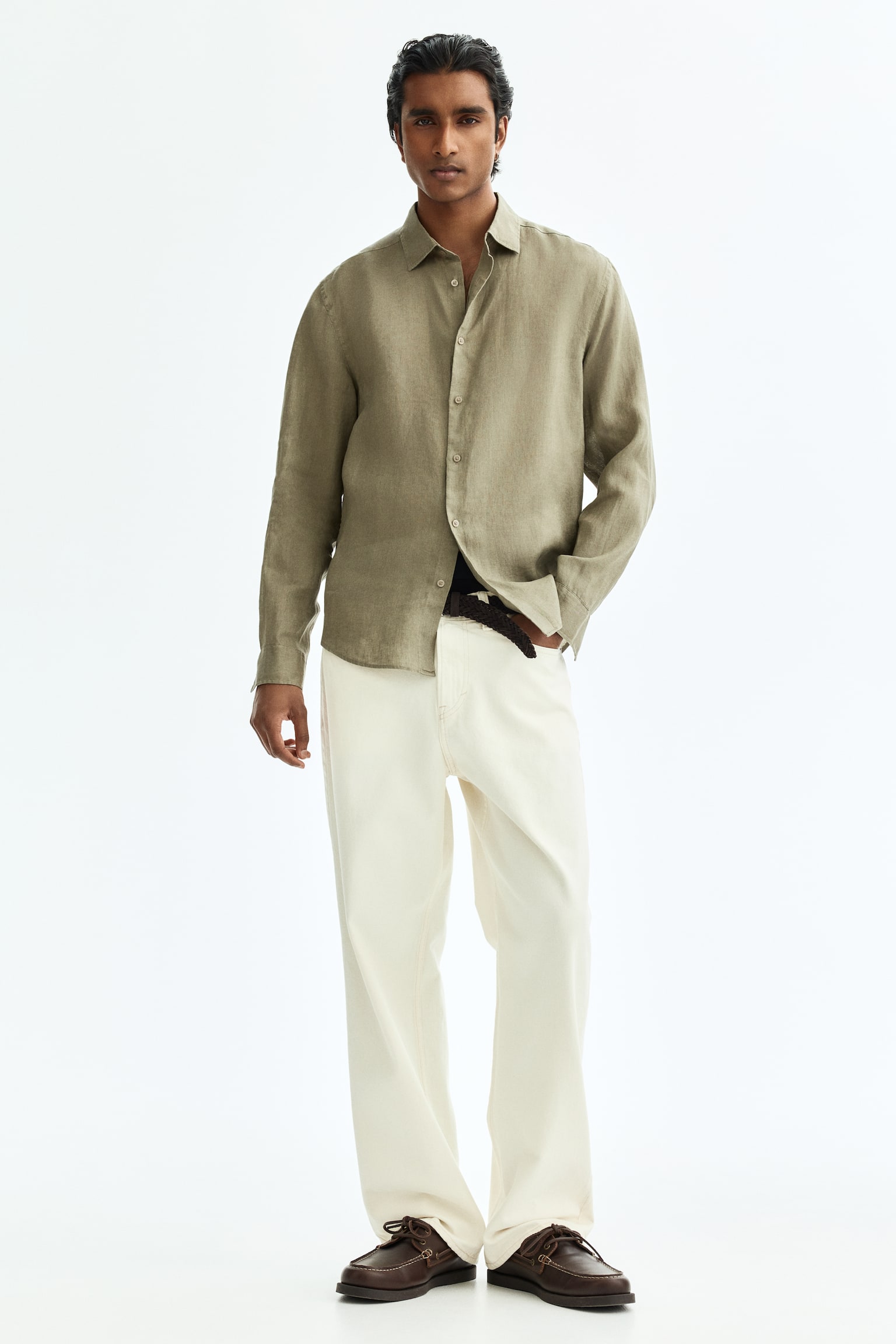 Slim Fit Linen shirt - Khaki green/Light blue/White/Black - 4