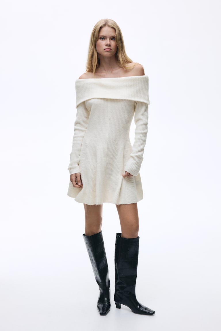 Ladies - Cream Rib-Knit Off-the-Shoulder Dress - Size: S - H&M