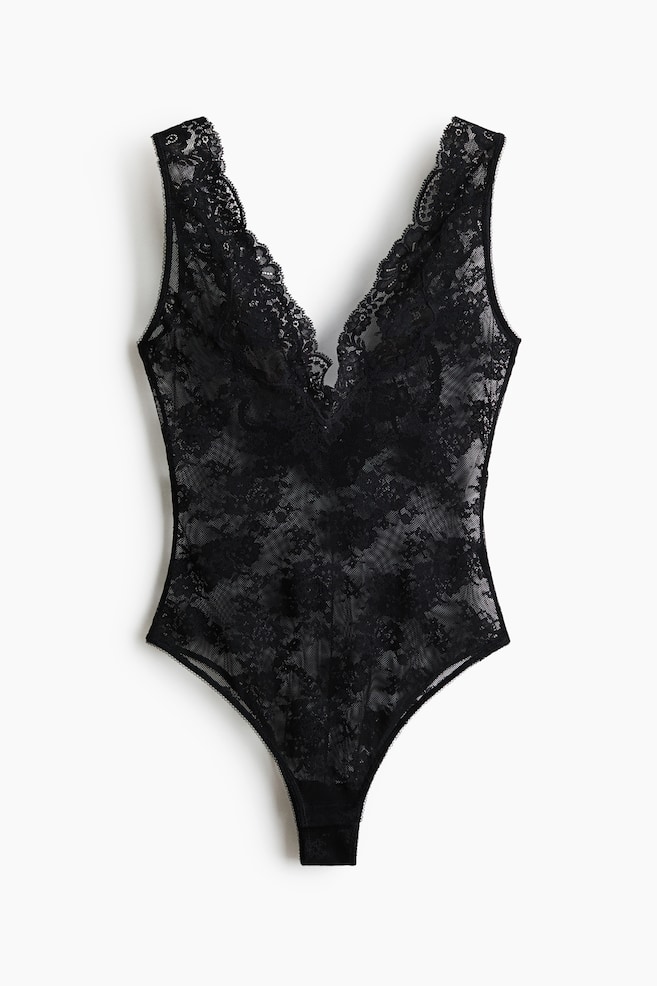Body de encaje con escote en V - Negro/Beige pálido/Negro/Crema - 1