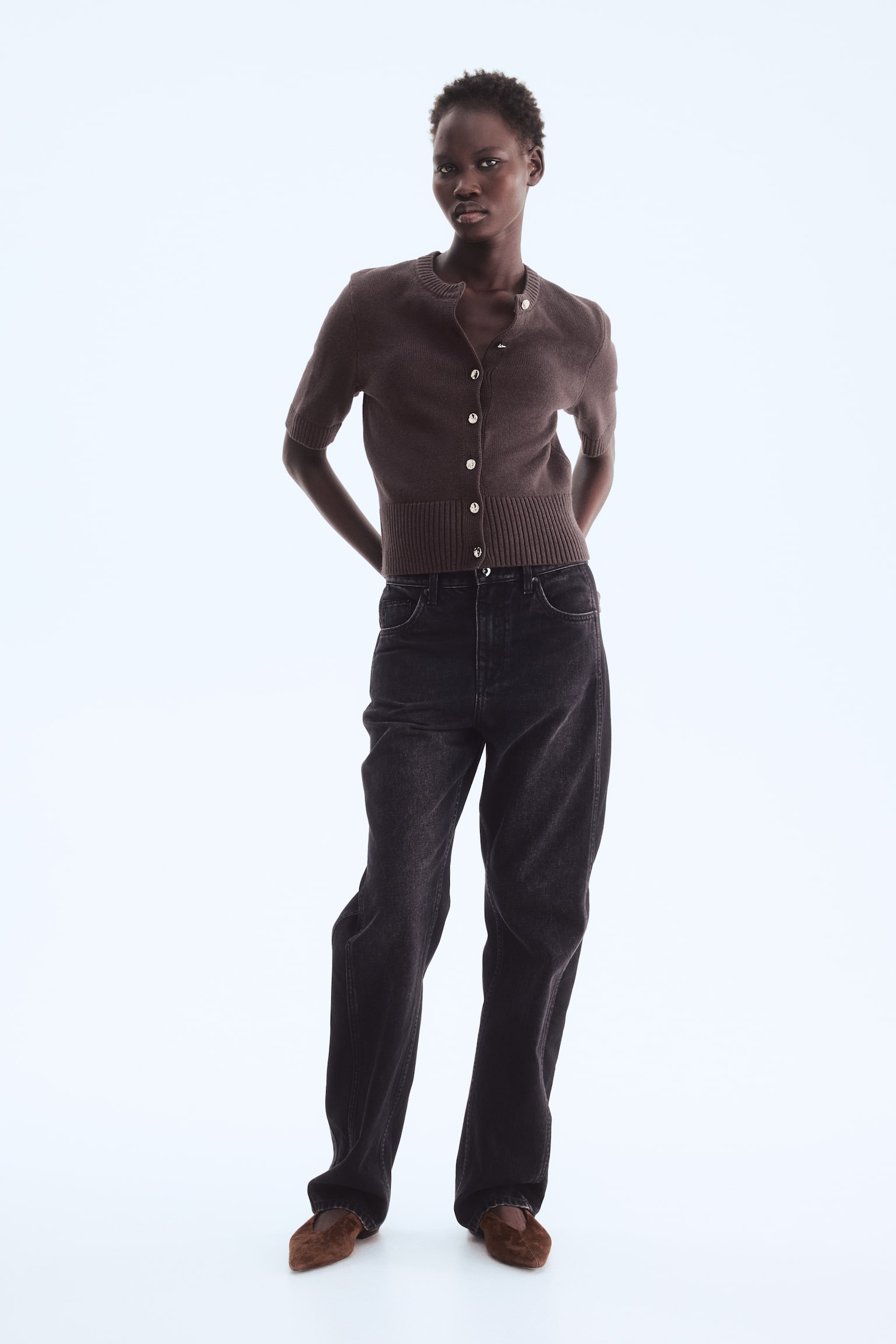 Short-sleeved cardigan - Dark brown/White/Light yellow - 3