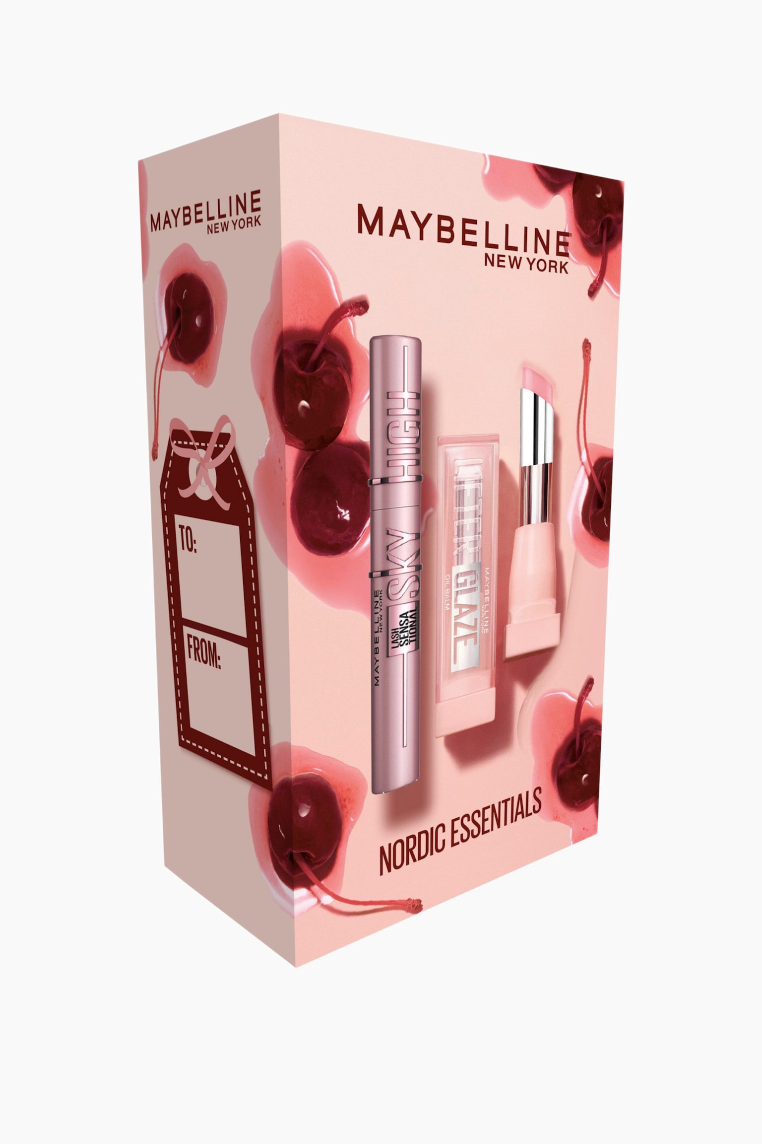 En ljusrosa presentask frÃ¥n Maybelline New York stÃ¥r i en trekvarts vinkel och visar upp en metallisk rosa mascaratub och ett ljusrosa lÃ¤ppbalsam pÃ¥ framsidan. Asken pryds av illustrationer av glansiga kÃ¶rsbÃ¤r i sirap och har en brun gÃ¥voetikett med "To:" och "From:" pÃ¥ sidopanelen. - 1