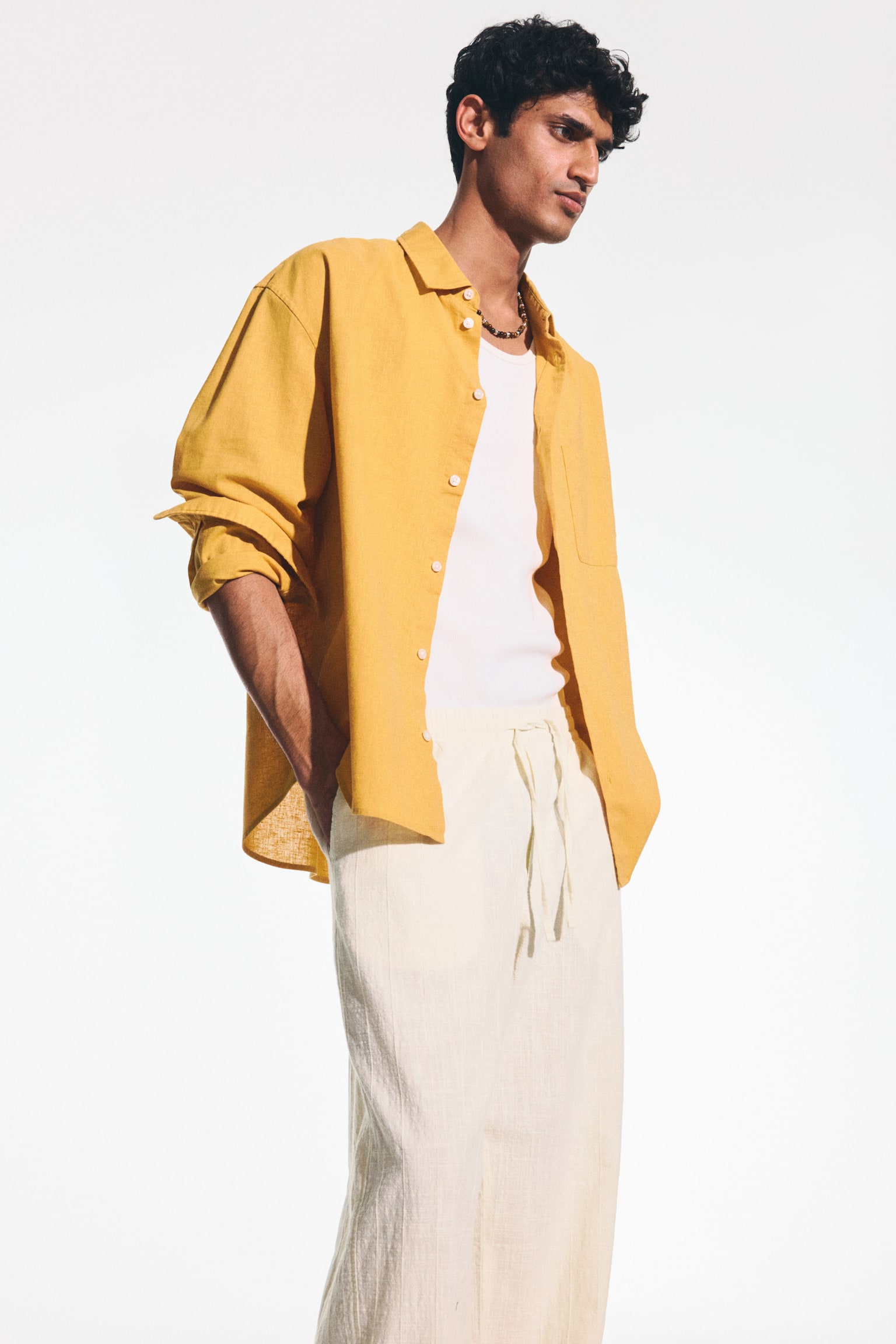 Relaxed Fit Textured cotton trousers - White/Dark brown - 4