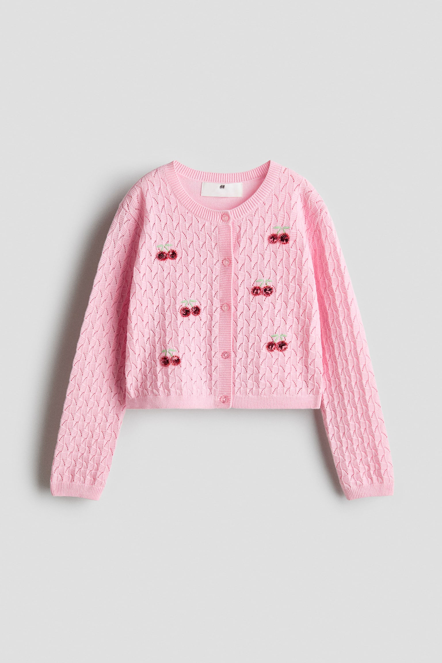 Cardigan aus Pointellestrick mit Motivdetails - Rosa/Kirschen