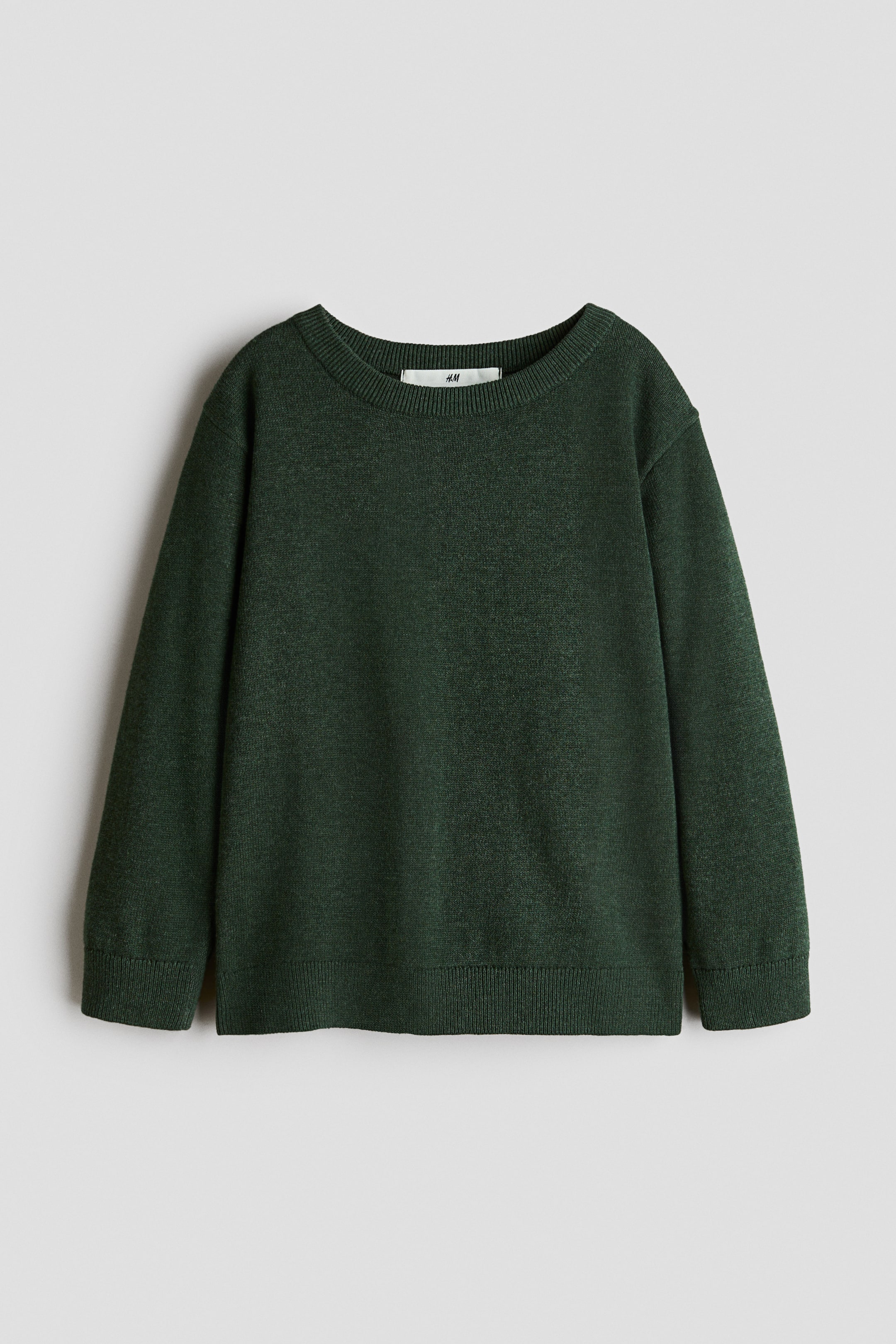 View larger image: A dark green fine-knit sweater is displayed, showcasing a round, ribbed neckline, long sleeves with ribbed cuffs, and a ribbed hem.