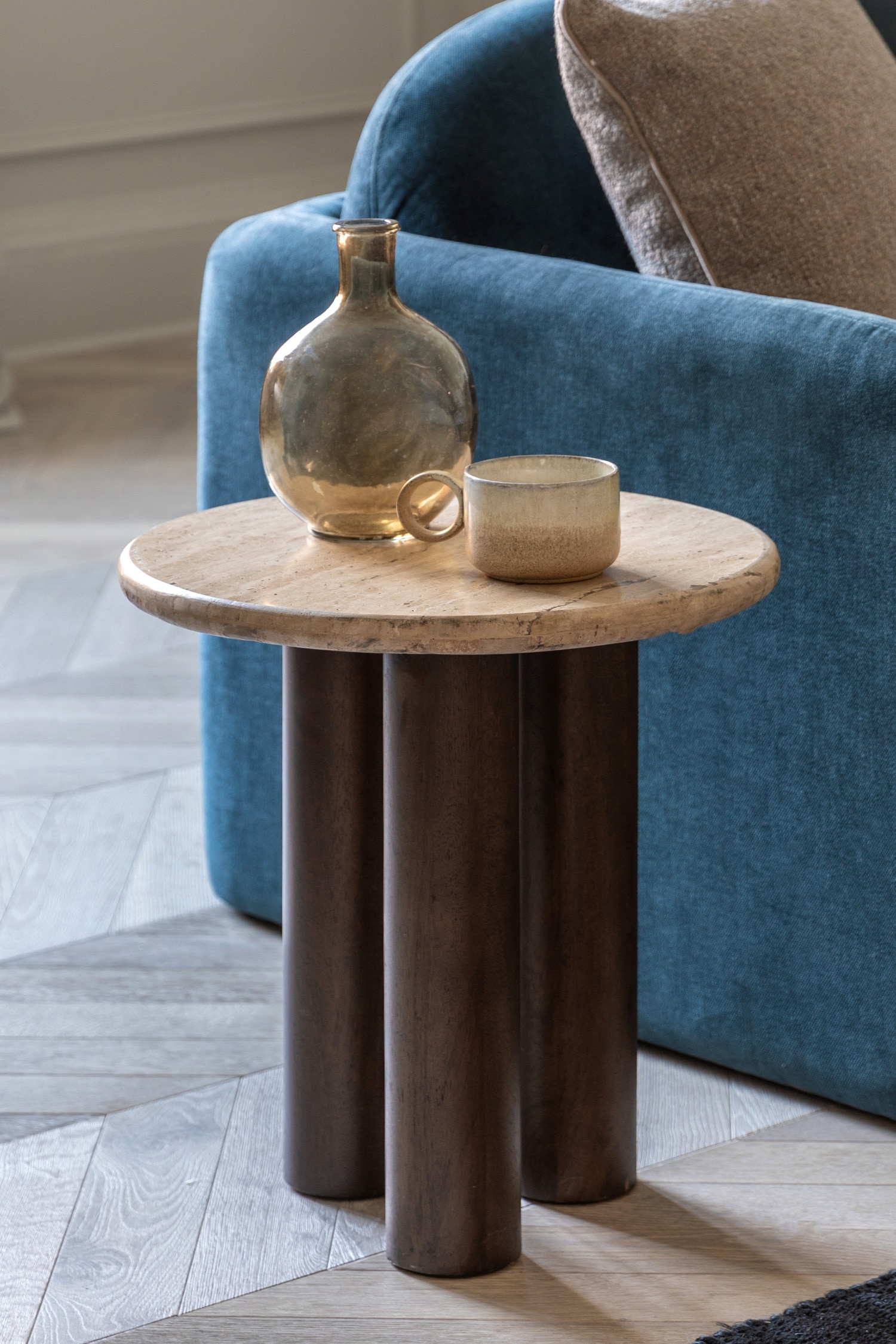 Travertine Top Side Table - Dark Wood