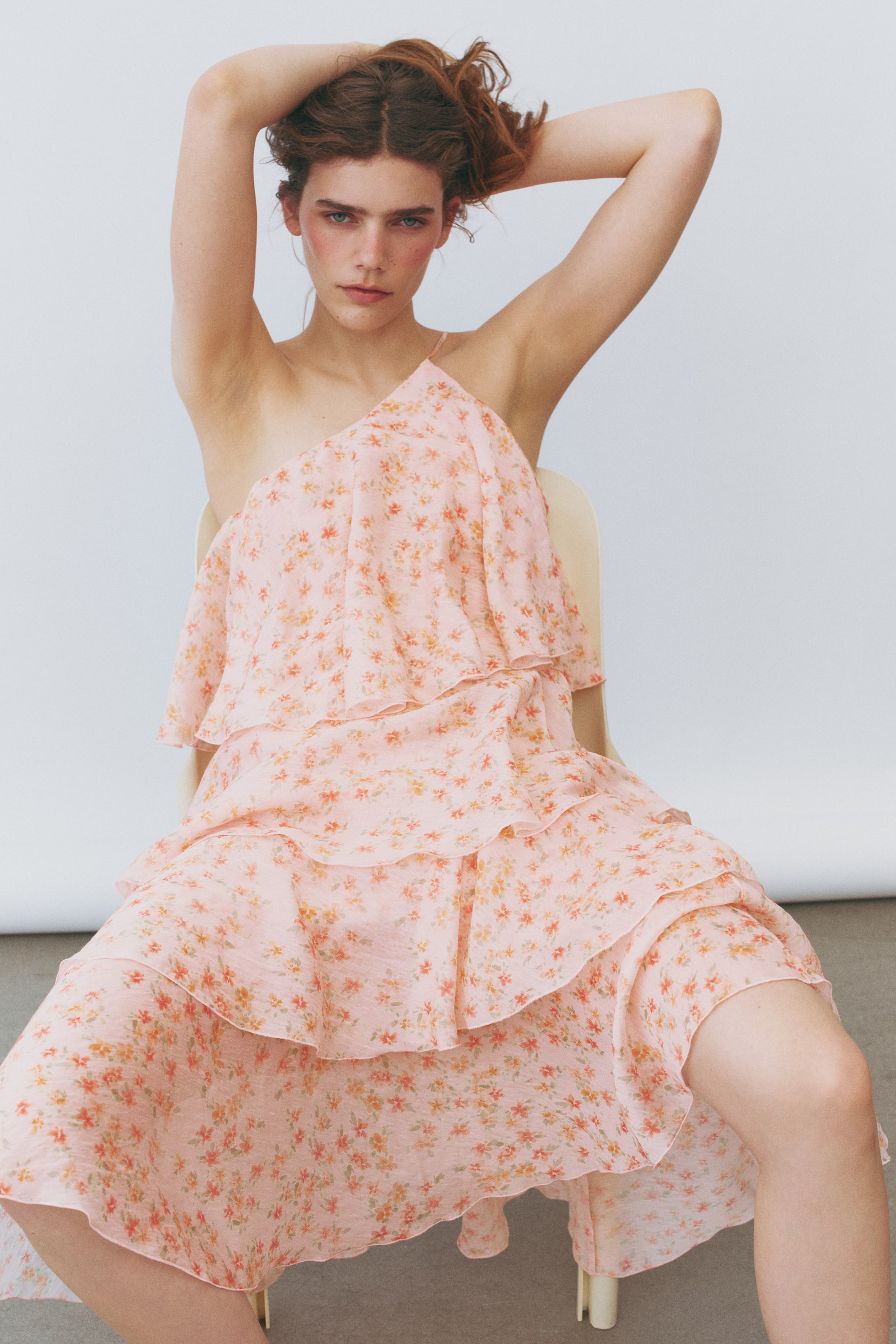 Tiered One-Shoulder Linen-Blend Dress
