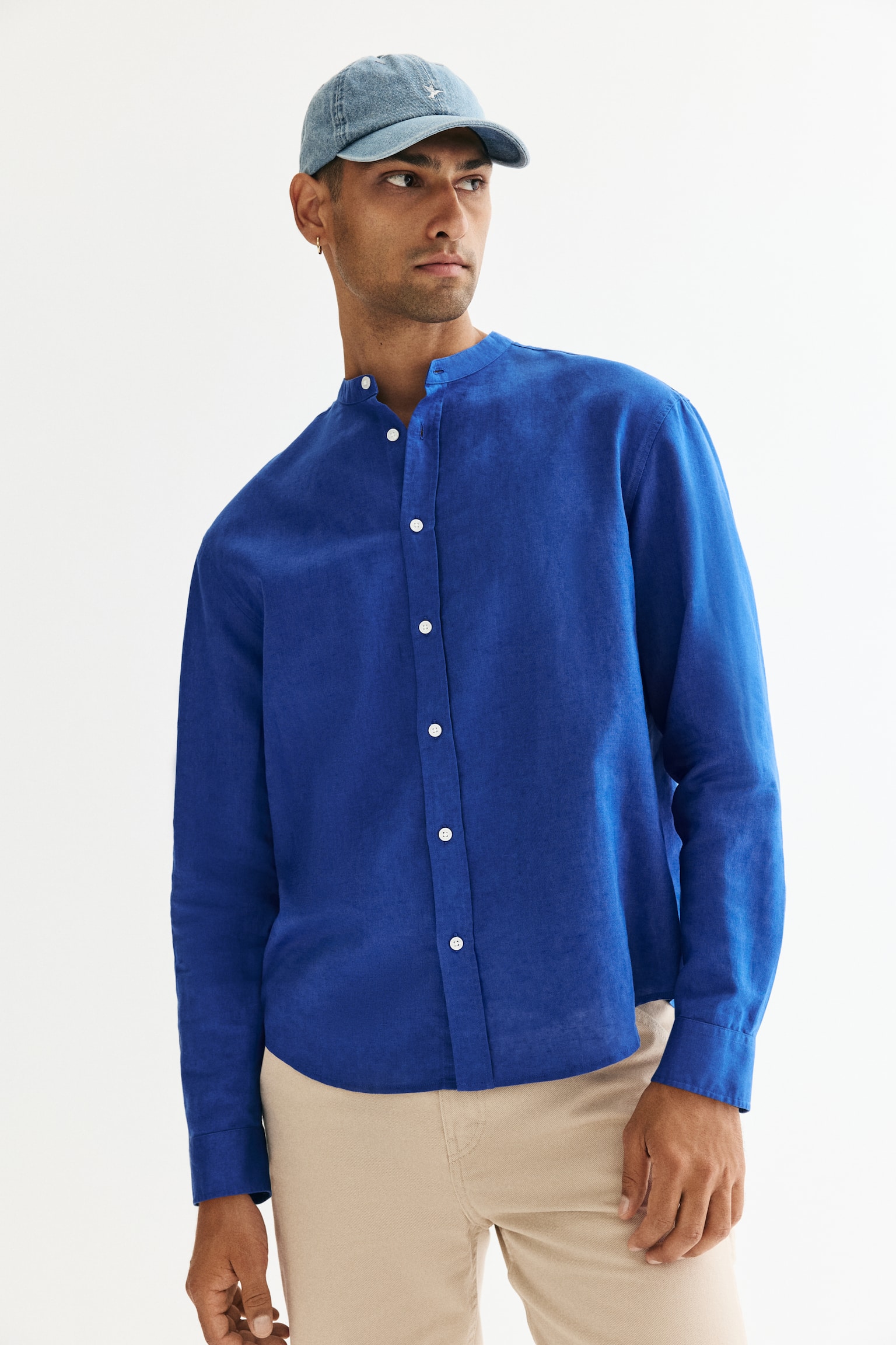Regular Fit Linen-blend grandad shirt - Bright blue/Dark orange - 2