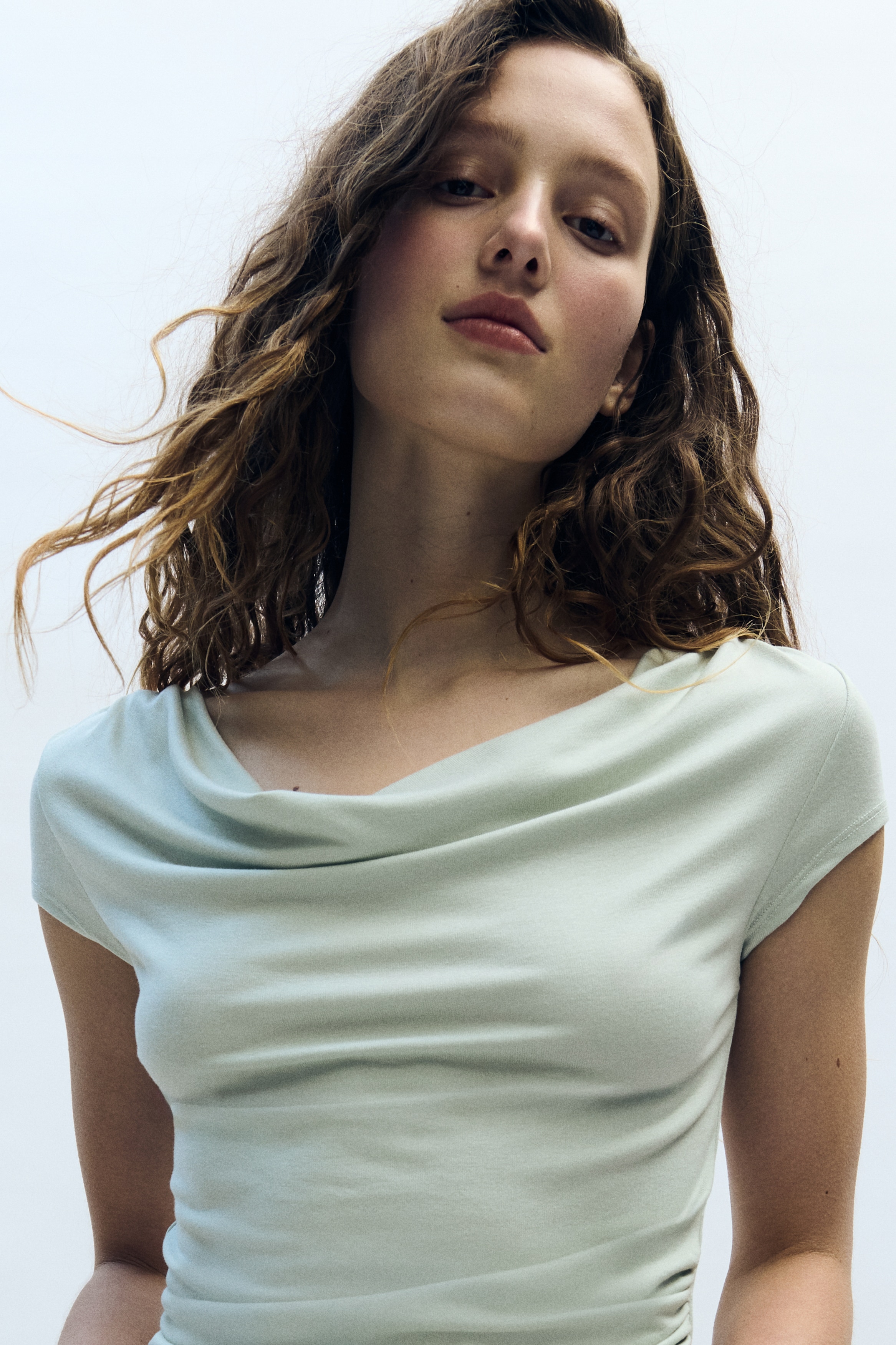 Draped jersey top - Light dusty green/Brown/Light beige/Spotted