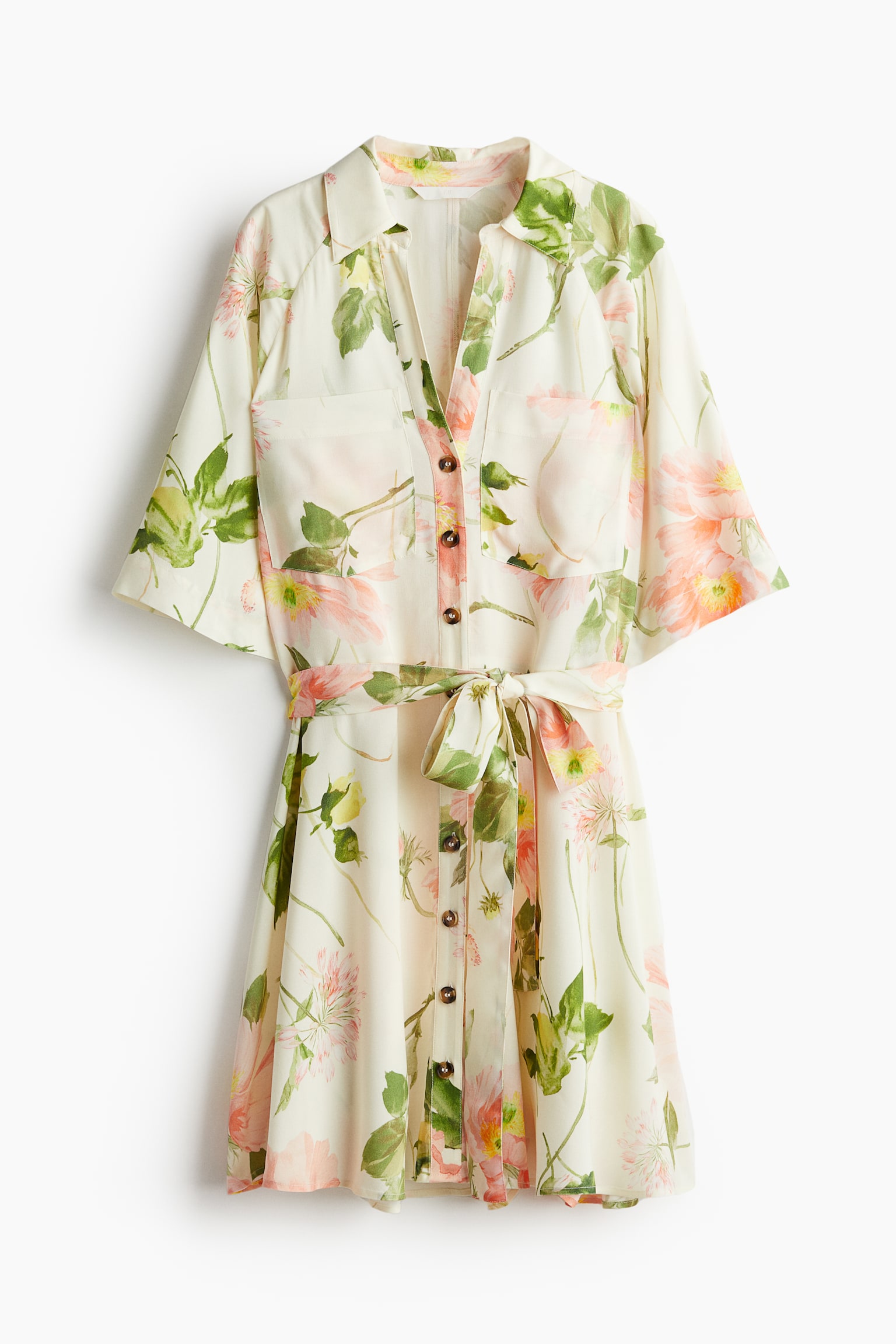 Tie-belt shirt dress - Cream/Floral/White/Patterned/Dark khaki green/Blue/Black - 2