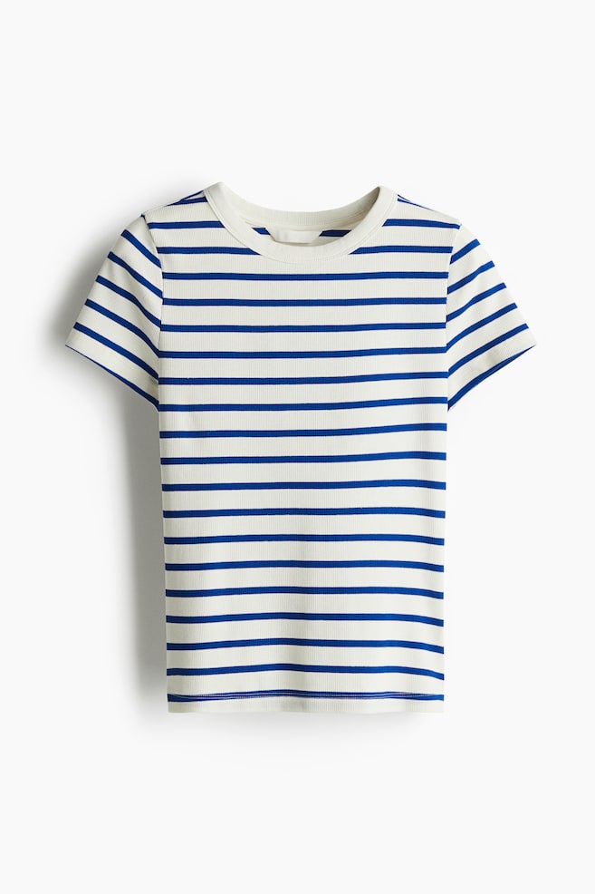 Ribbed T-shirt - Cream/Bright blue striped - 1