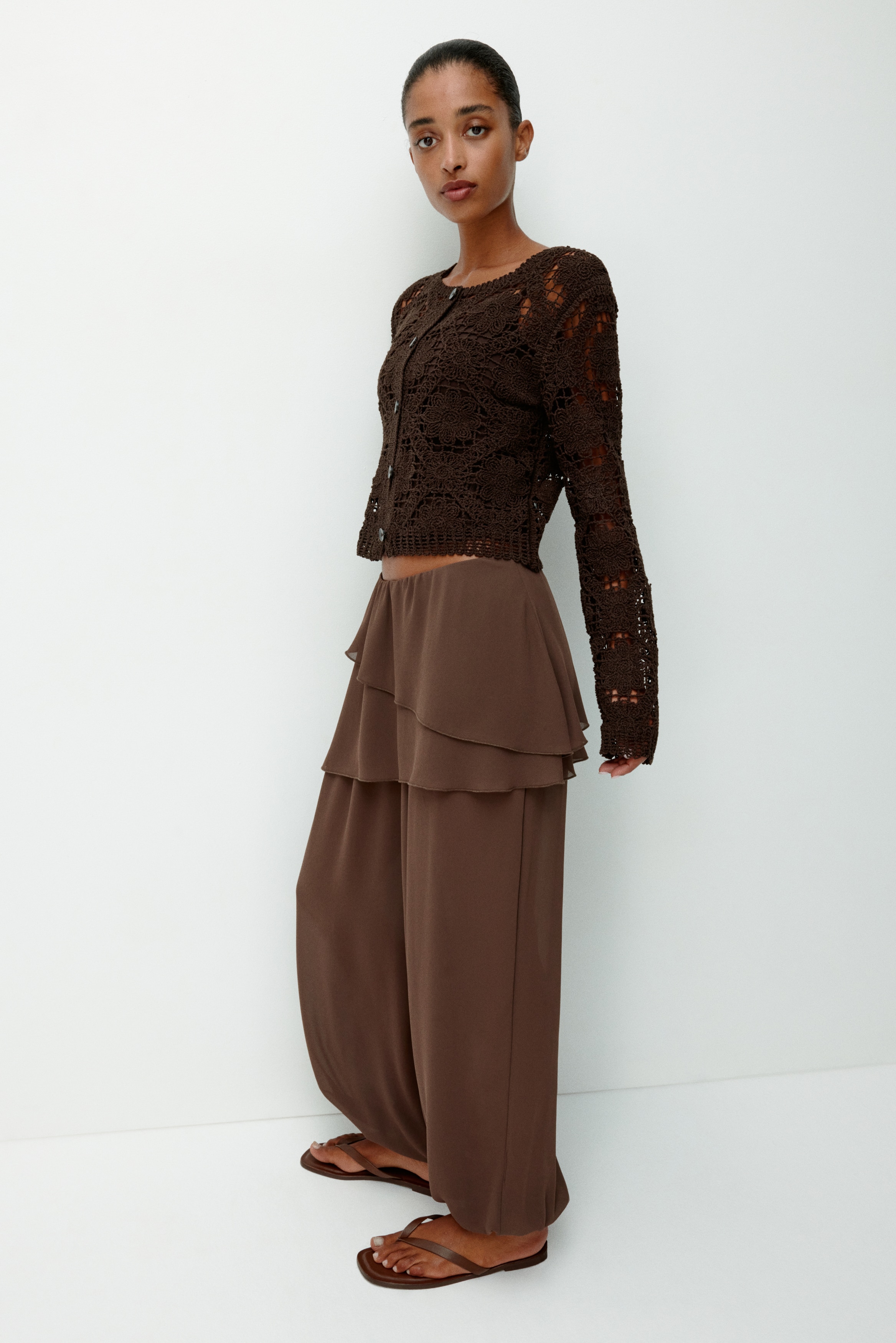 Skirt-layered chiffon trousers