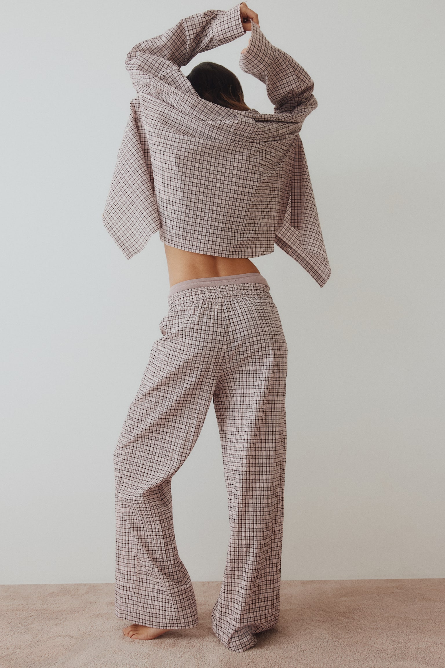 Cotton seersucker pyjamas - Light pink/Checked/Dark blue/Checked - 1