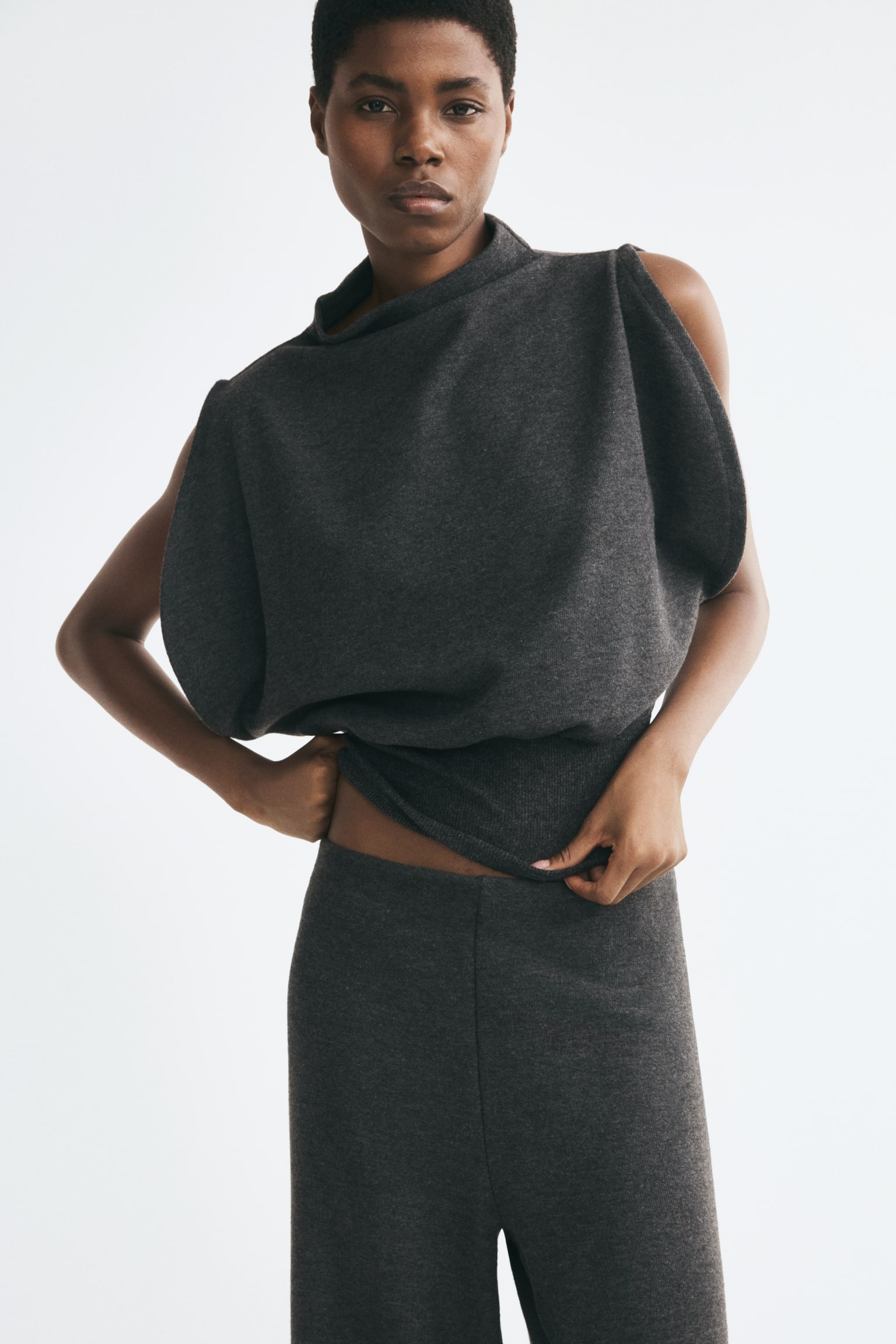 Женские брюки H&M Straight-Leg Knit, цвет: Тёмный серый меланжевый — фото 3