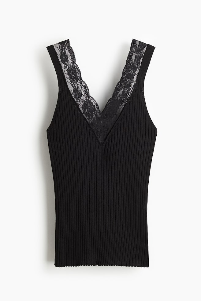 Lace-Trimmed Tank Top - Black - 1