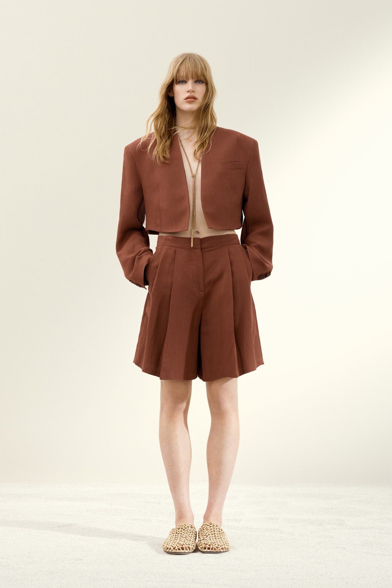 Cropped linen-blend blazer Brown Ladies H&M IN