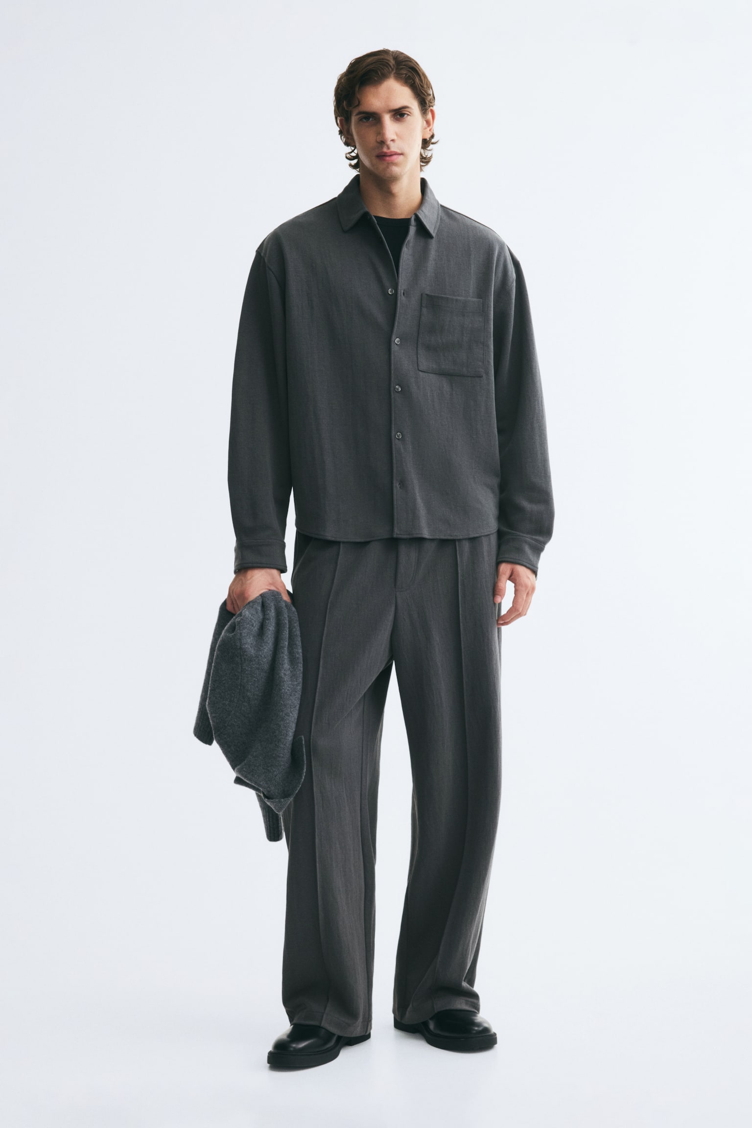 Мужская рубашка H&M Relaxed-Fit Jersey Shirt, цвет: Тёмный серый — фото 3
