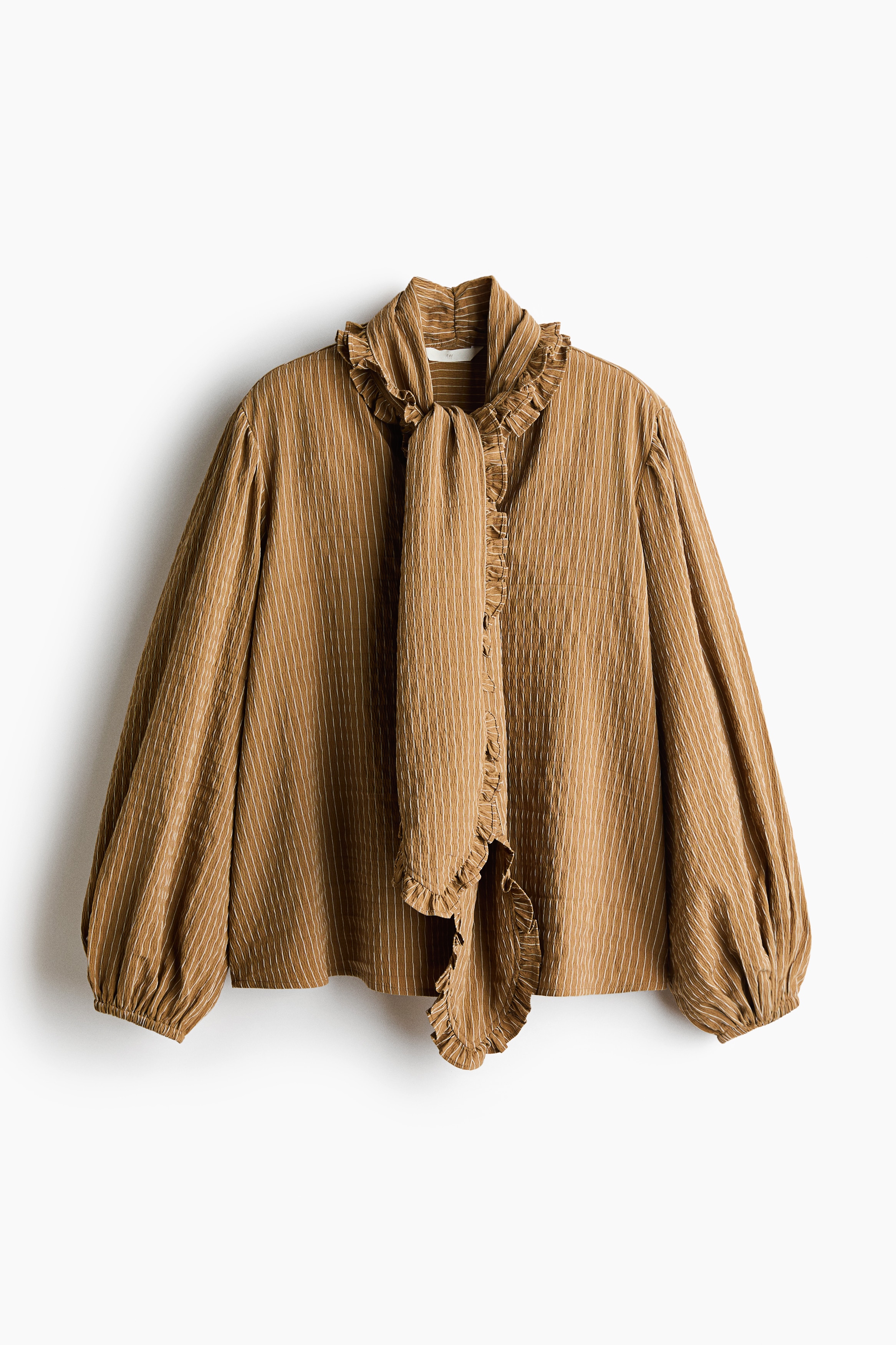 Textured-weave scarf-collar blouse - Khaki green/Striped
