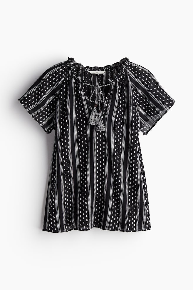 Drawstring-detail cotton blouse - Black/Striped/White/Blue striped - 1