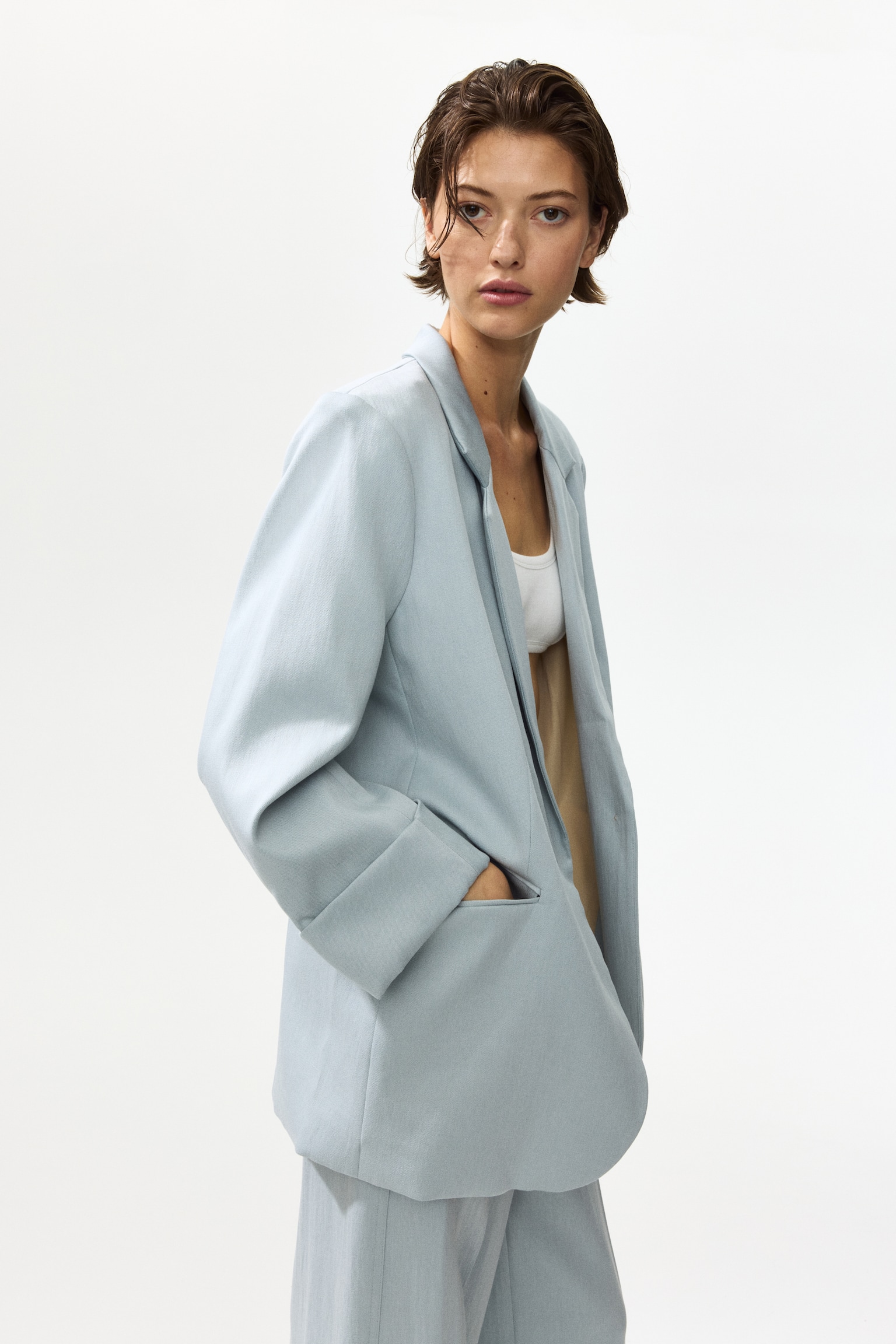 Linen-blend blazer - Light turquoise/Plum purple/Cream - 5