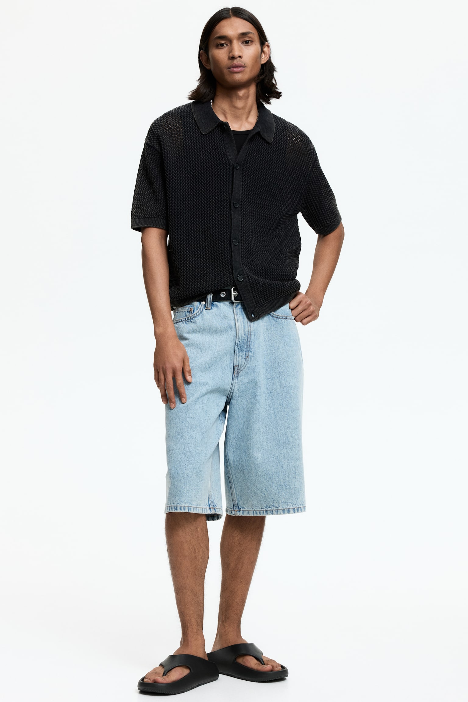 Мужская рубашка H&M Relaxed-Fit Open-Knit, цвет: Чёрный — фото 4