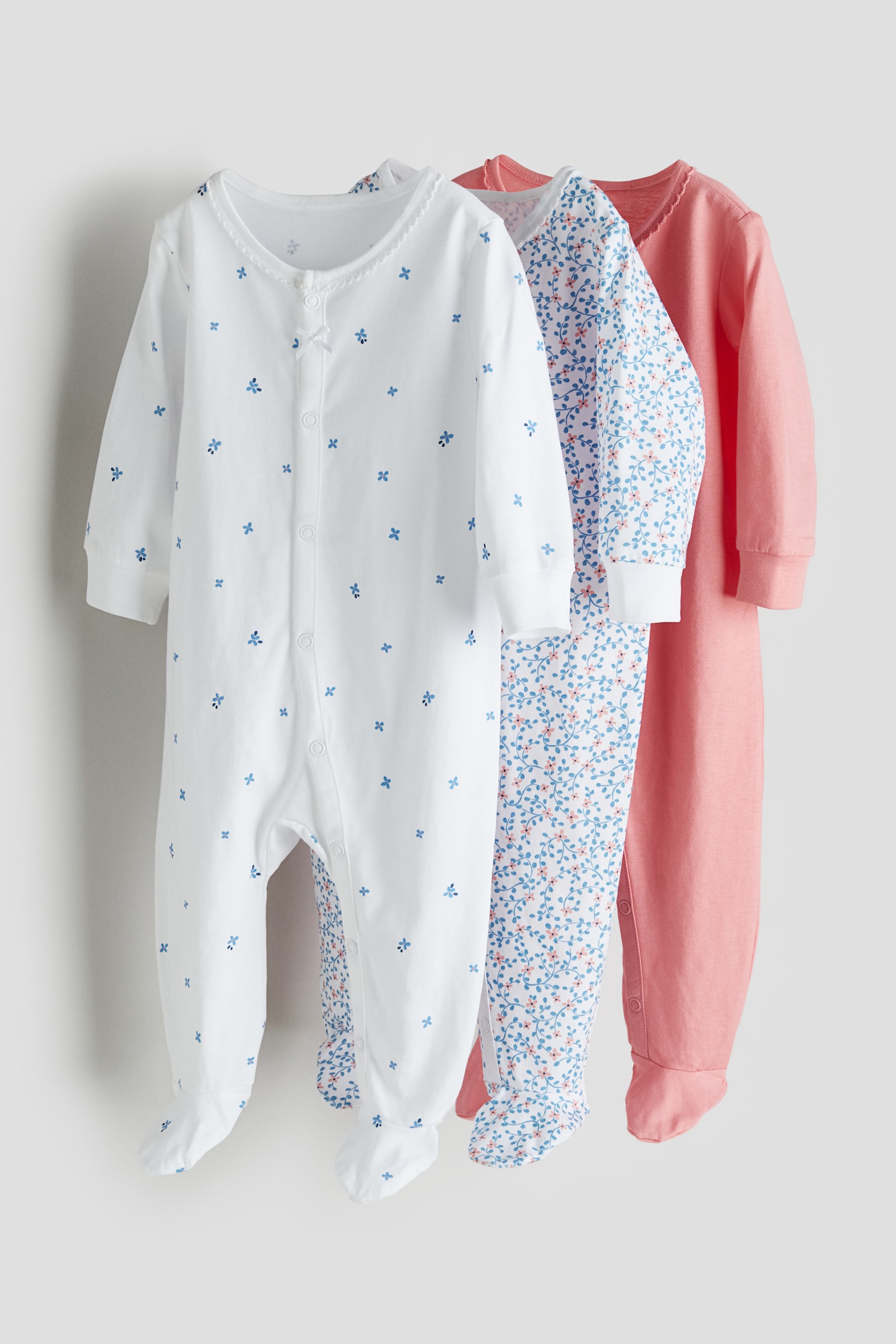 3-pack Cotton Sleepsuits - White/Floral/Navy blue/Anchors/Light turquoise/Dinosaurs - 1