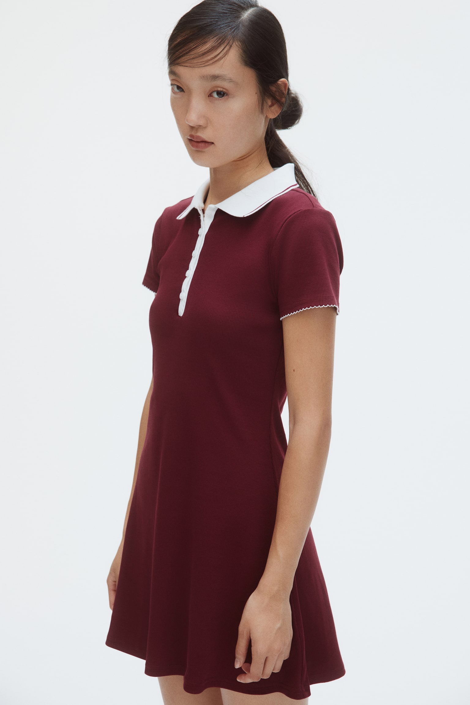 傘襬Polo洋裝 - 酒紅色/海軍藍 - 6