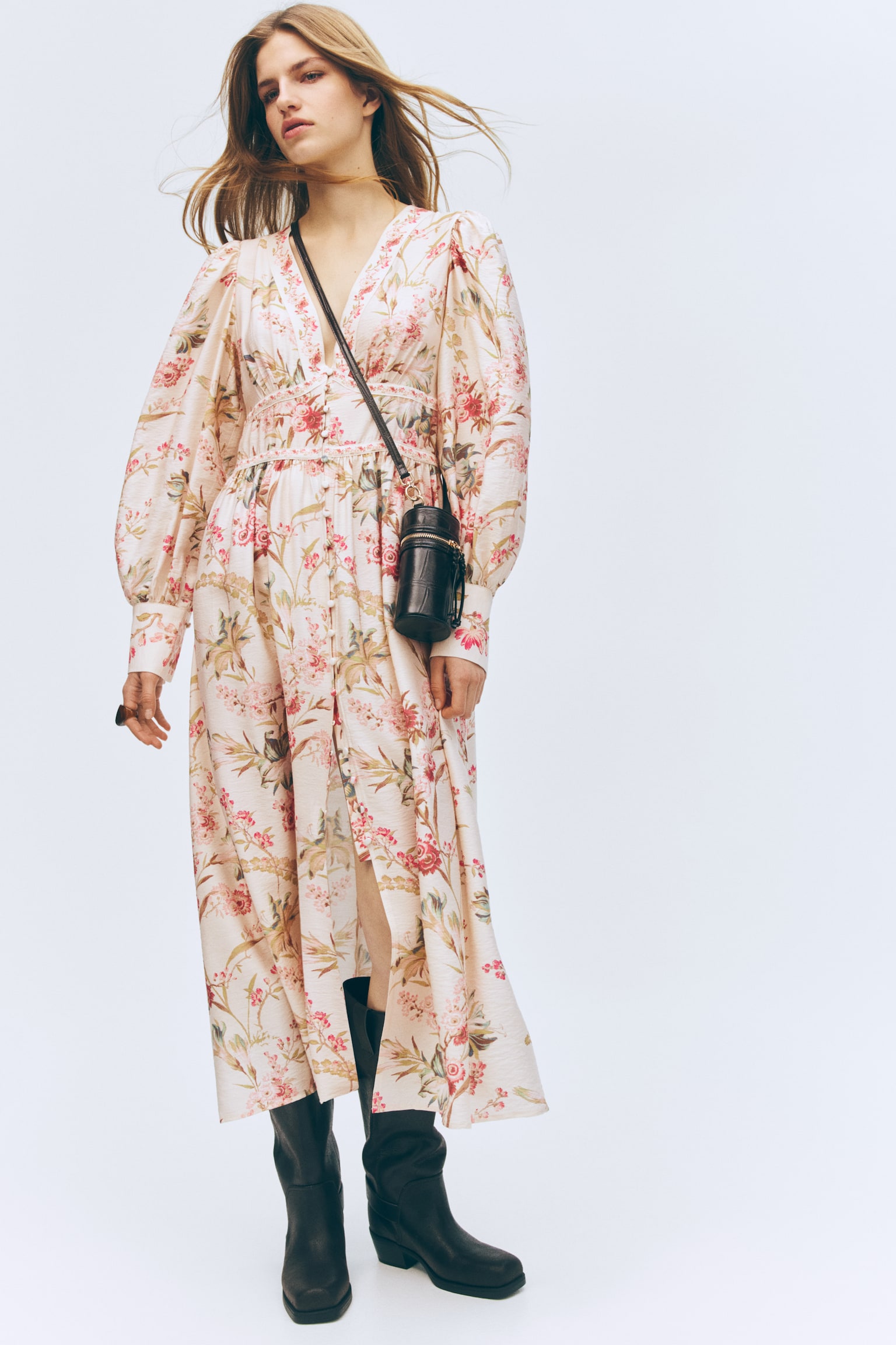 Button-front viscose-blend dress - Light beige/Floral - 3