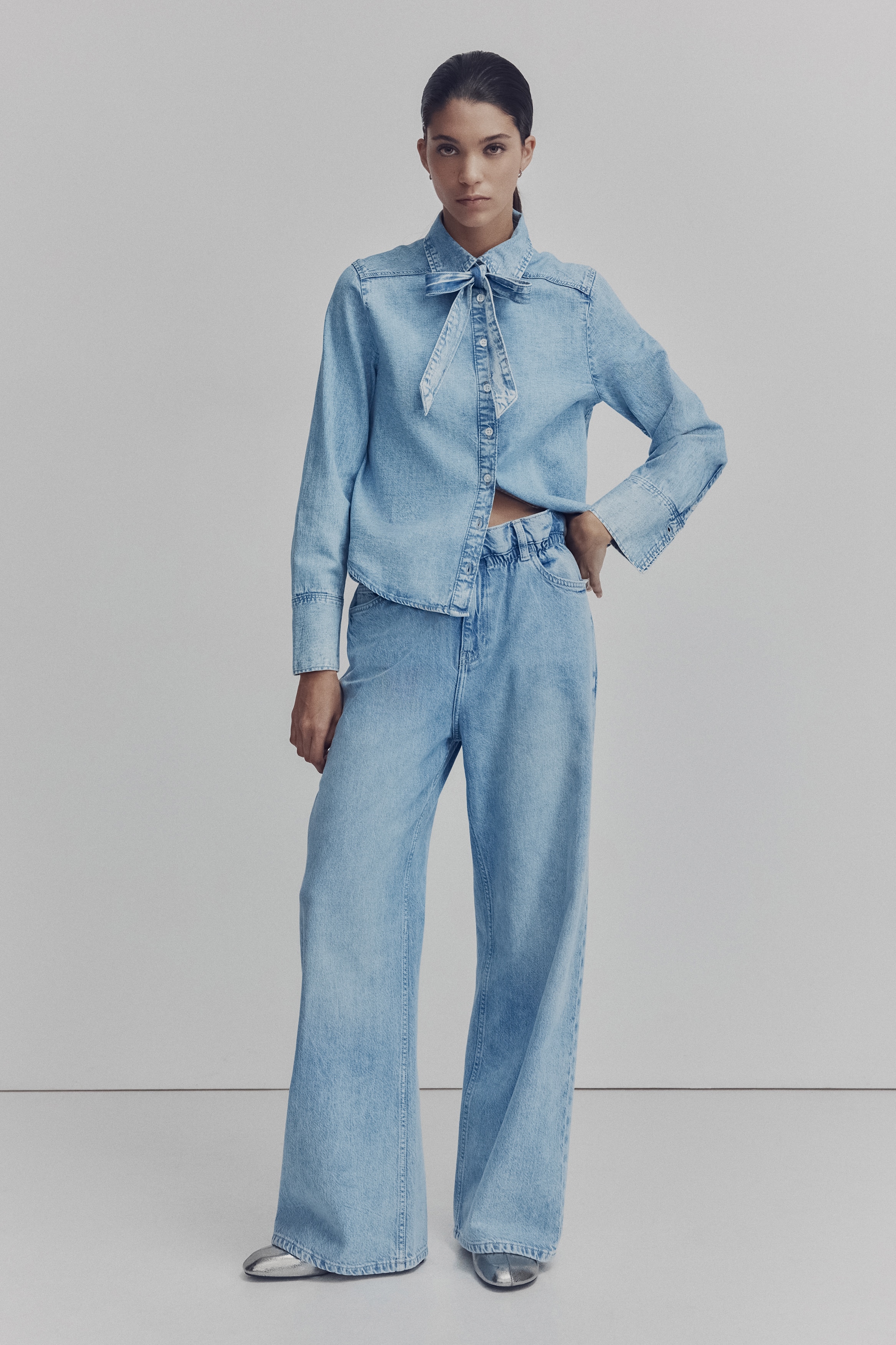 Bow-detail denim blouse