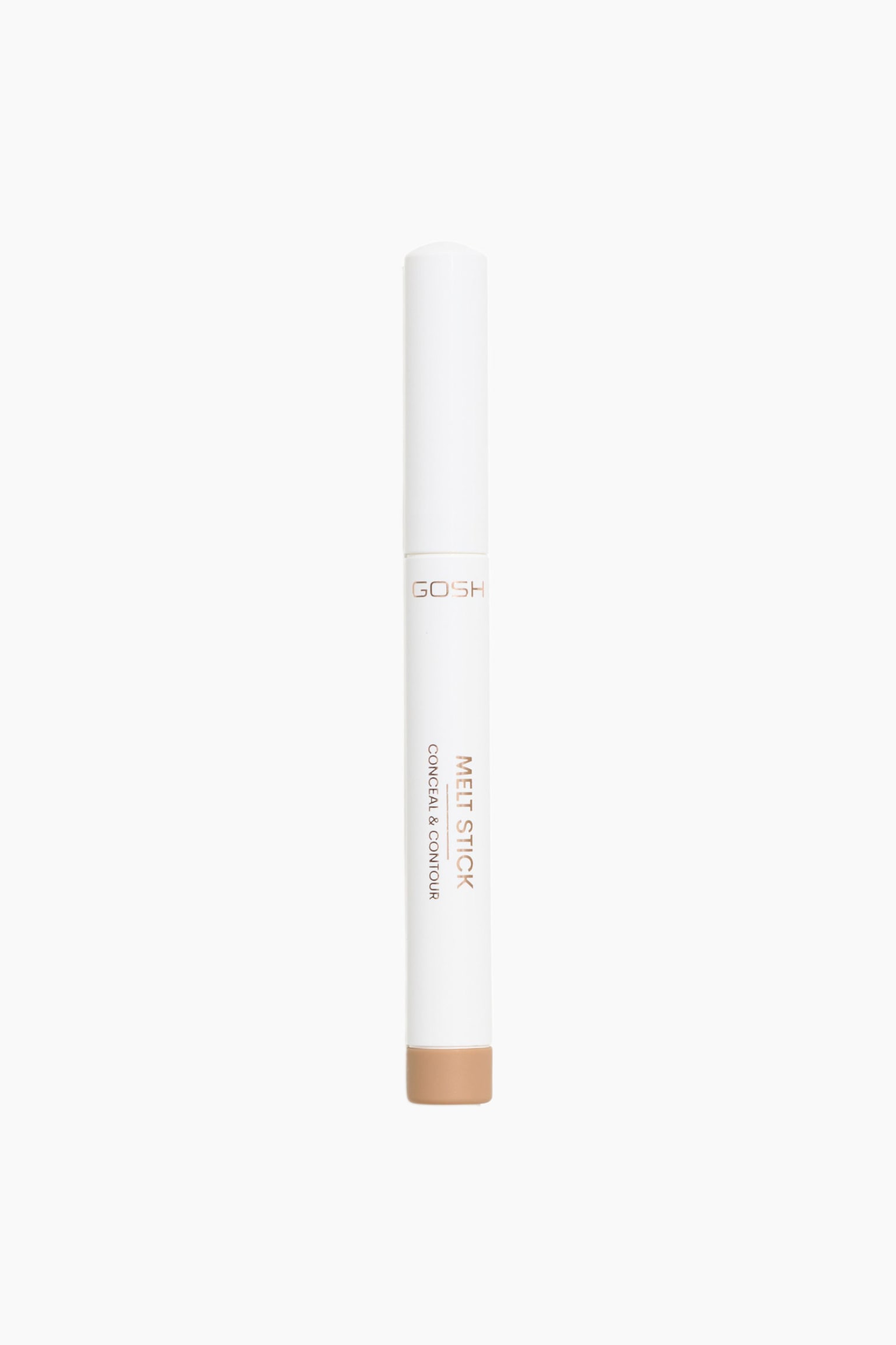 Melt Stick Conceal & Contour seisoo pystyasennossa, ja siinÃ¤ on siro valkoinen sylinterimÃ¤inen muotoilu sekÃ¤ siihen sopiva korkki. KynÃ¤n etupuolella nÃ¤kyy metallinhohtoinen ruusukultainen brÃ¤ndÃ¤ys ja tuoteteksti, kun taas alaosassa oleva hiekanbeige sÃ¤vyosio ilmaisee sÃ¤vyn. - 1