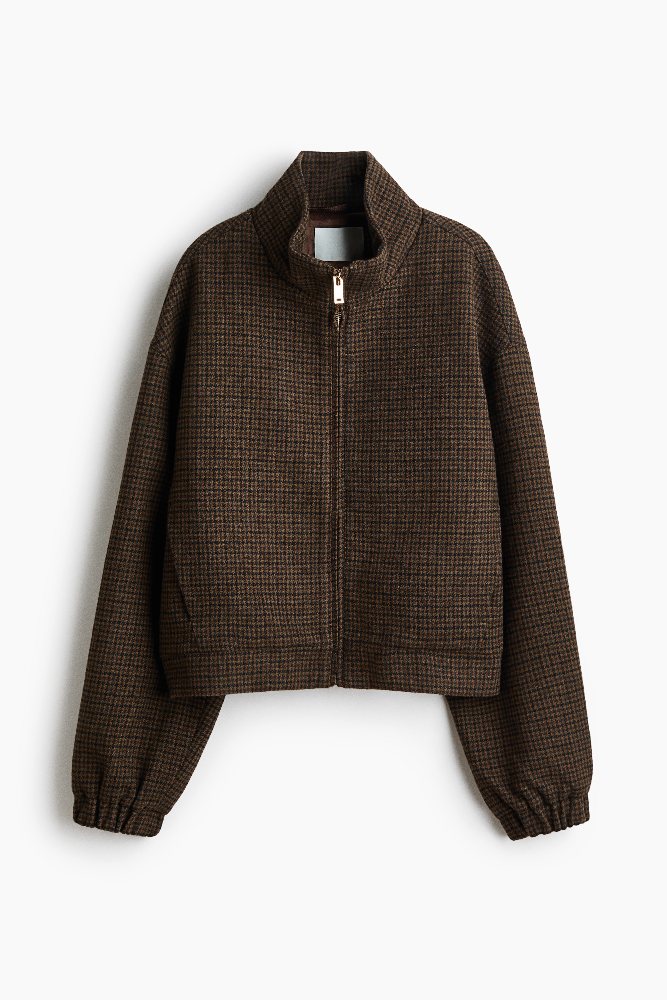 Yün Karışımlı ve Dik Yakalı Ceket - Koyu bej/Kazayağı desenli