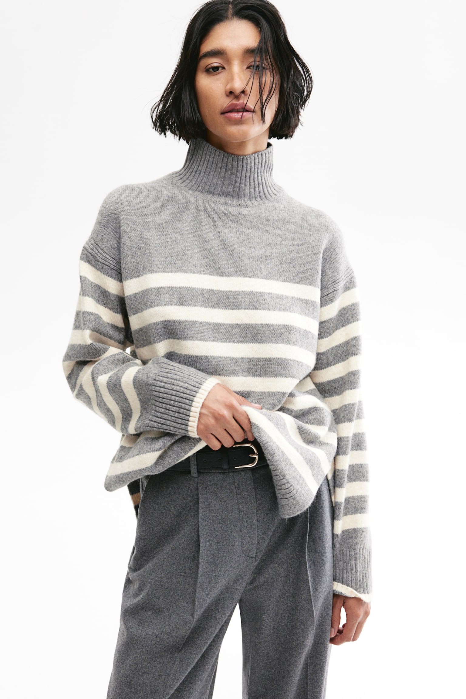 Oversized polo-neck jumper - Grey marl/Striped/Dark khaki green/Red/Light beige marl/Pigeon blue/Grey marl/Natural white/Striped/Cream/Black/Cream striped - 3