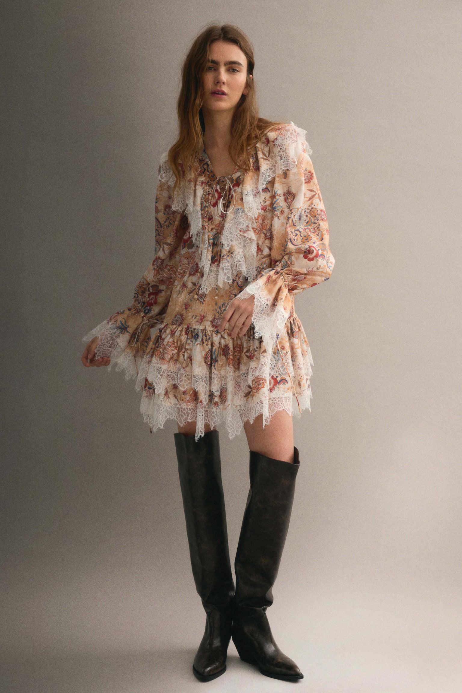 蕾絲飾邊洋裝 - 米色/印花 - 6