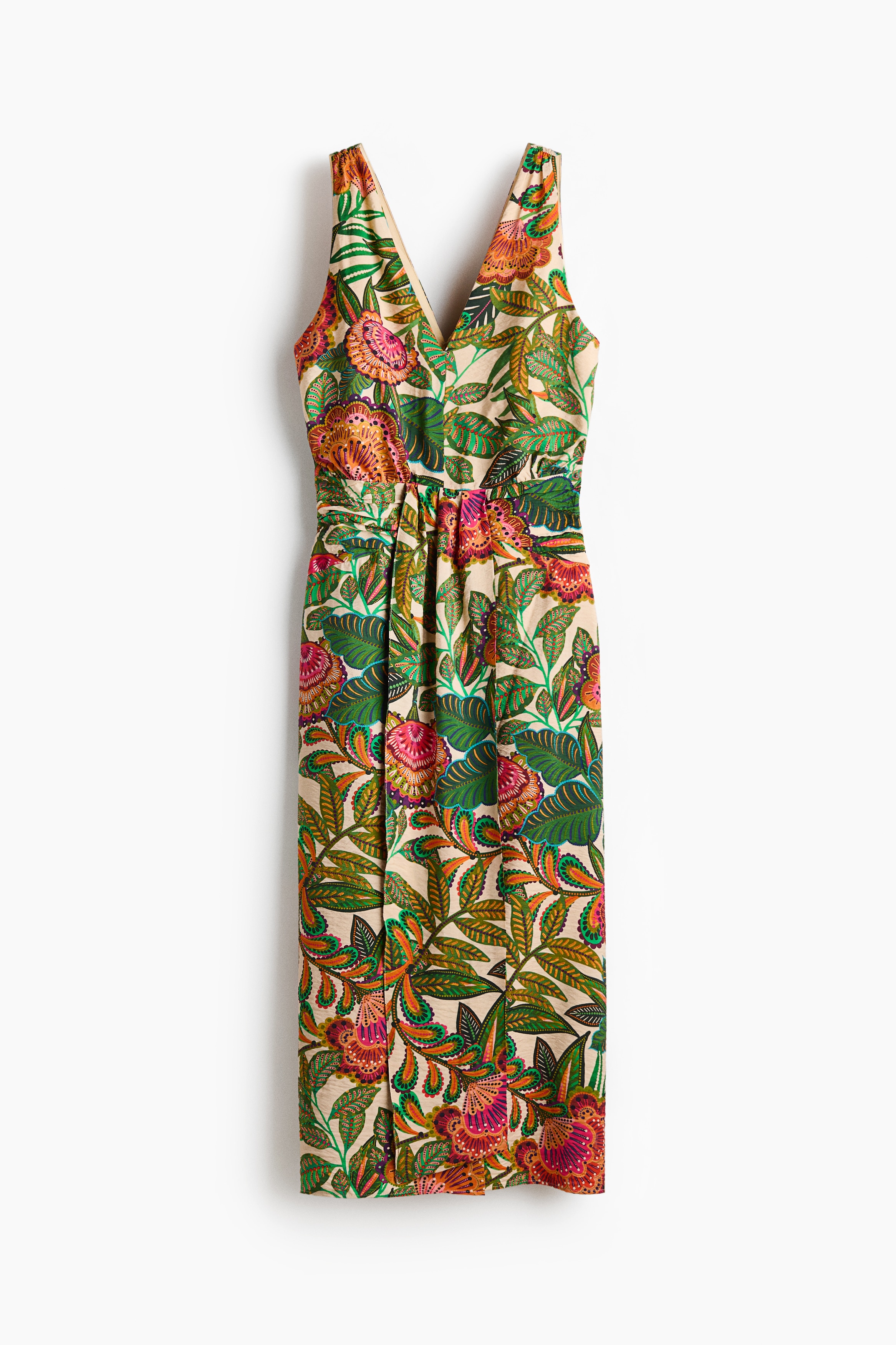 Vestido midi con escote en V - Beige claro/Floral/Rojo/Estampado