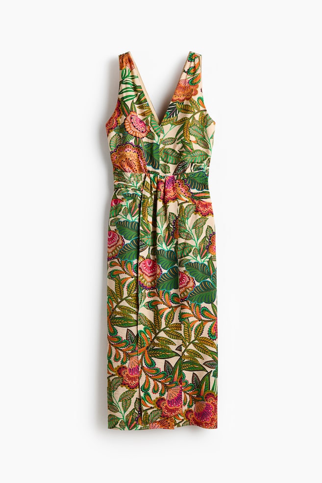 Midikleid mit V-Ausschnitt - Hellbeige/Geblümt/Rot/Gemustert - 1