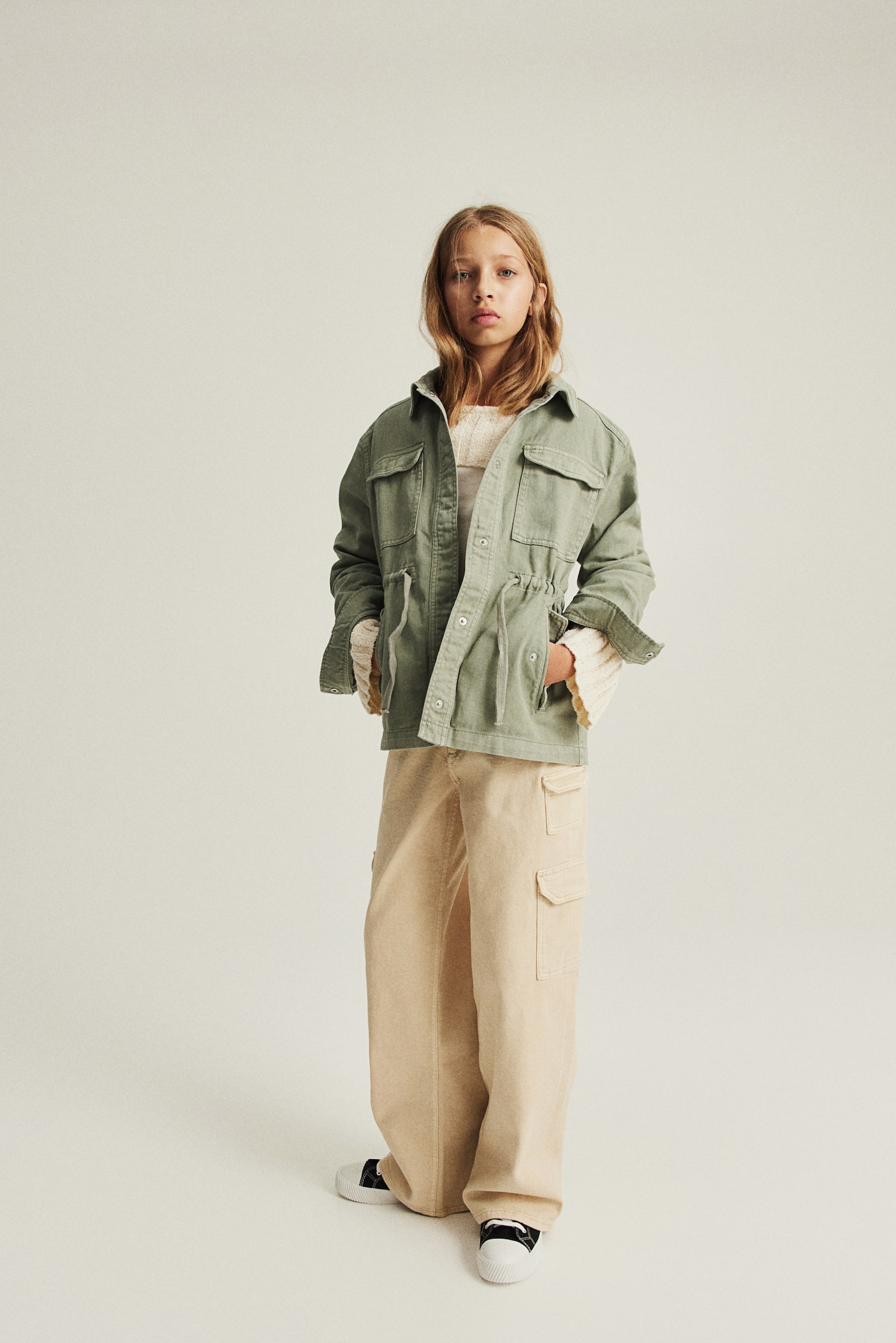 Drawstring Waist Shirt Jacket - Light khaki green - 4