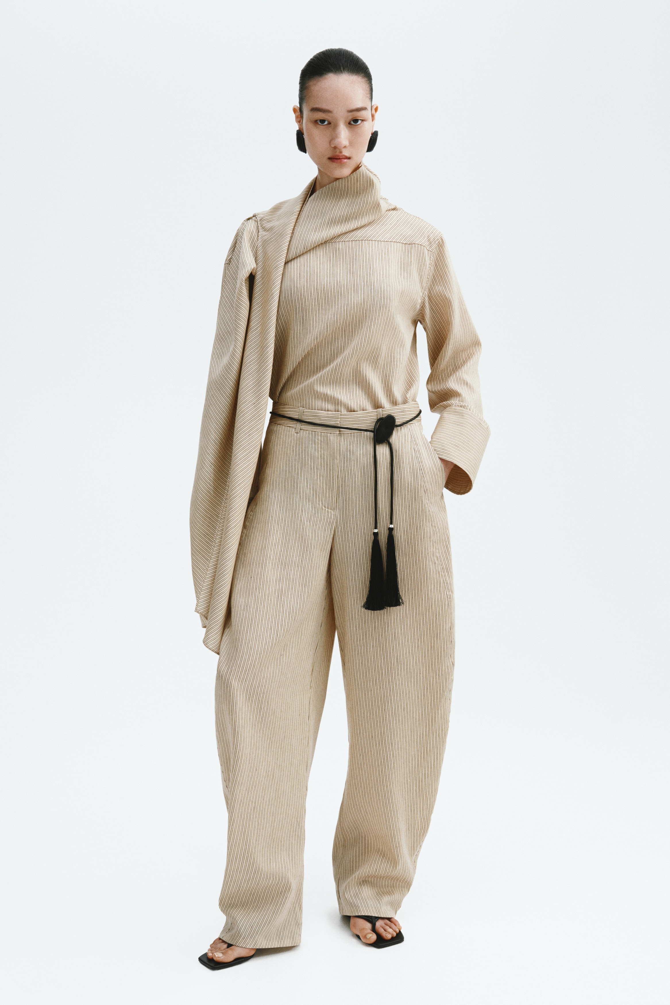Barrel-broek van linnenmix - Beige/gestreept