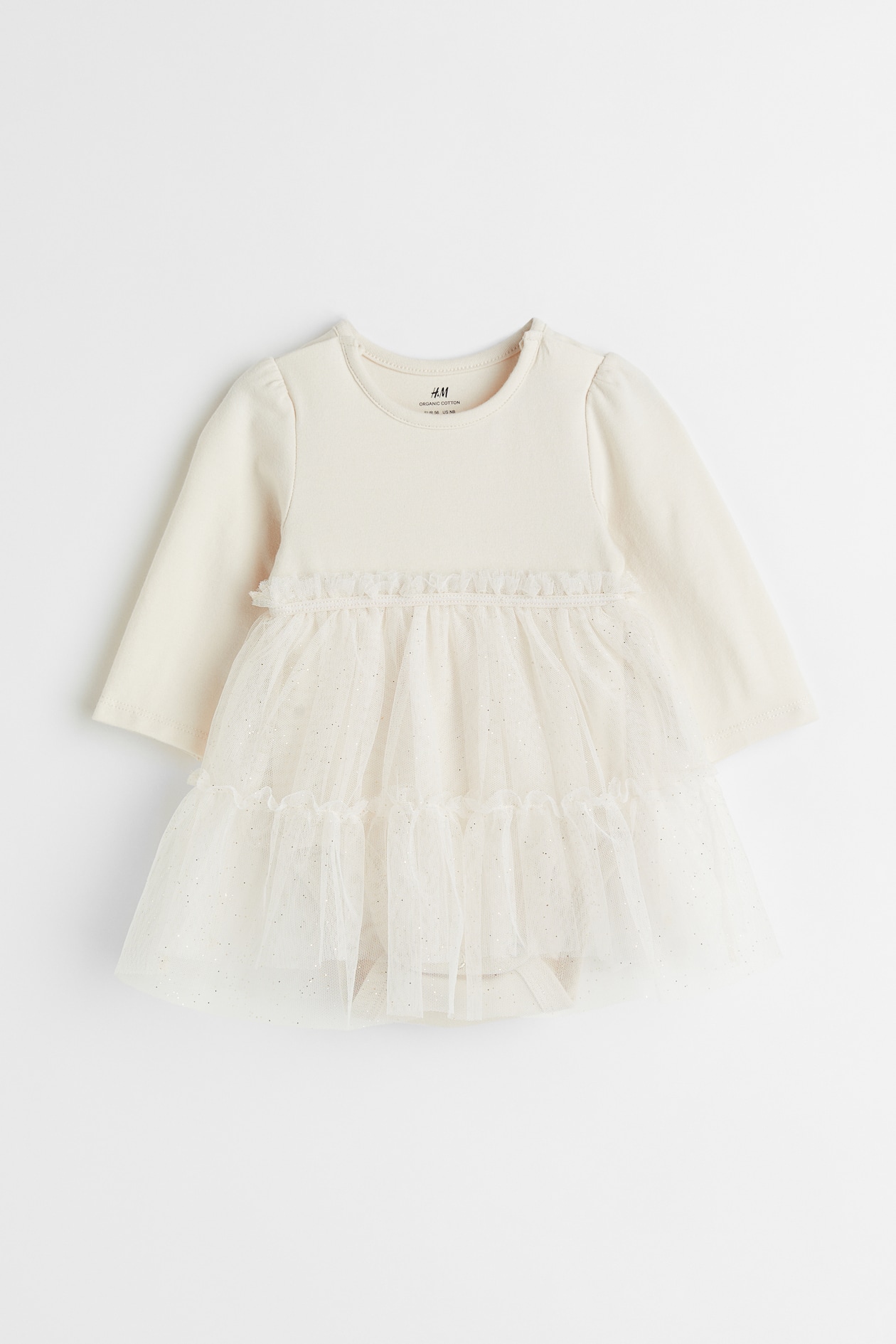 Tulle Dress with Bodysuit - Round Neck - Long sleeve - Light beige ...