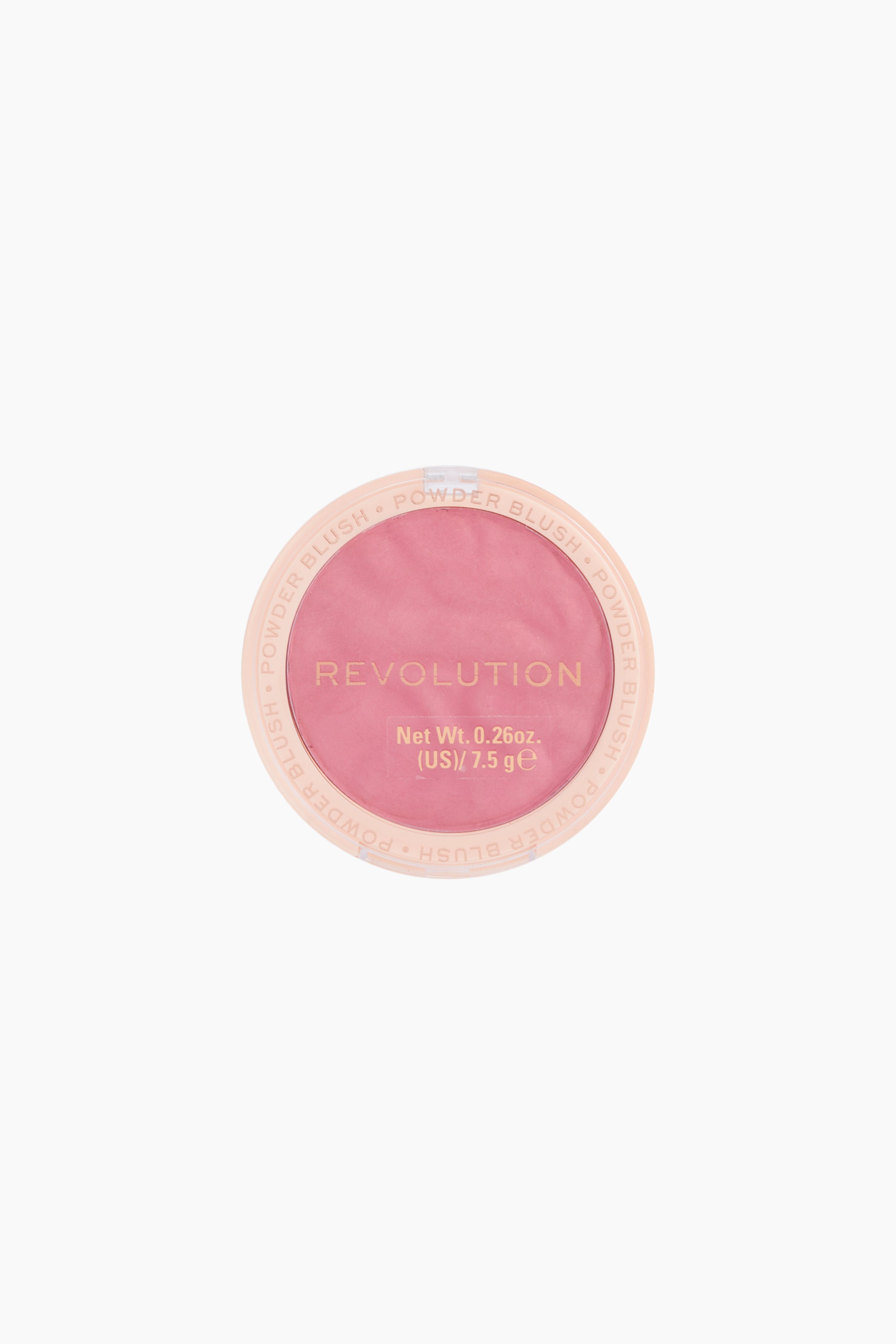 Größeres Bild ansehen: Ein Revolution Powder Blush ist in einer direkten Draufsicht zu sehen, mit einem runden Kompaktgehäuse und einem transparenten Deckel, der ein staubiges rosafarbenes Presspuder im Inneren freigibt. Auf dem Deckel ist der Markenname „REVOLUTION“ in goldener Schrift mittig zu sehen, und „POWDER BLUSH“ ist entlang des kreisförmigen Randes wiederholt aufgedruckt.