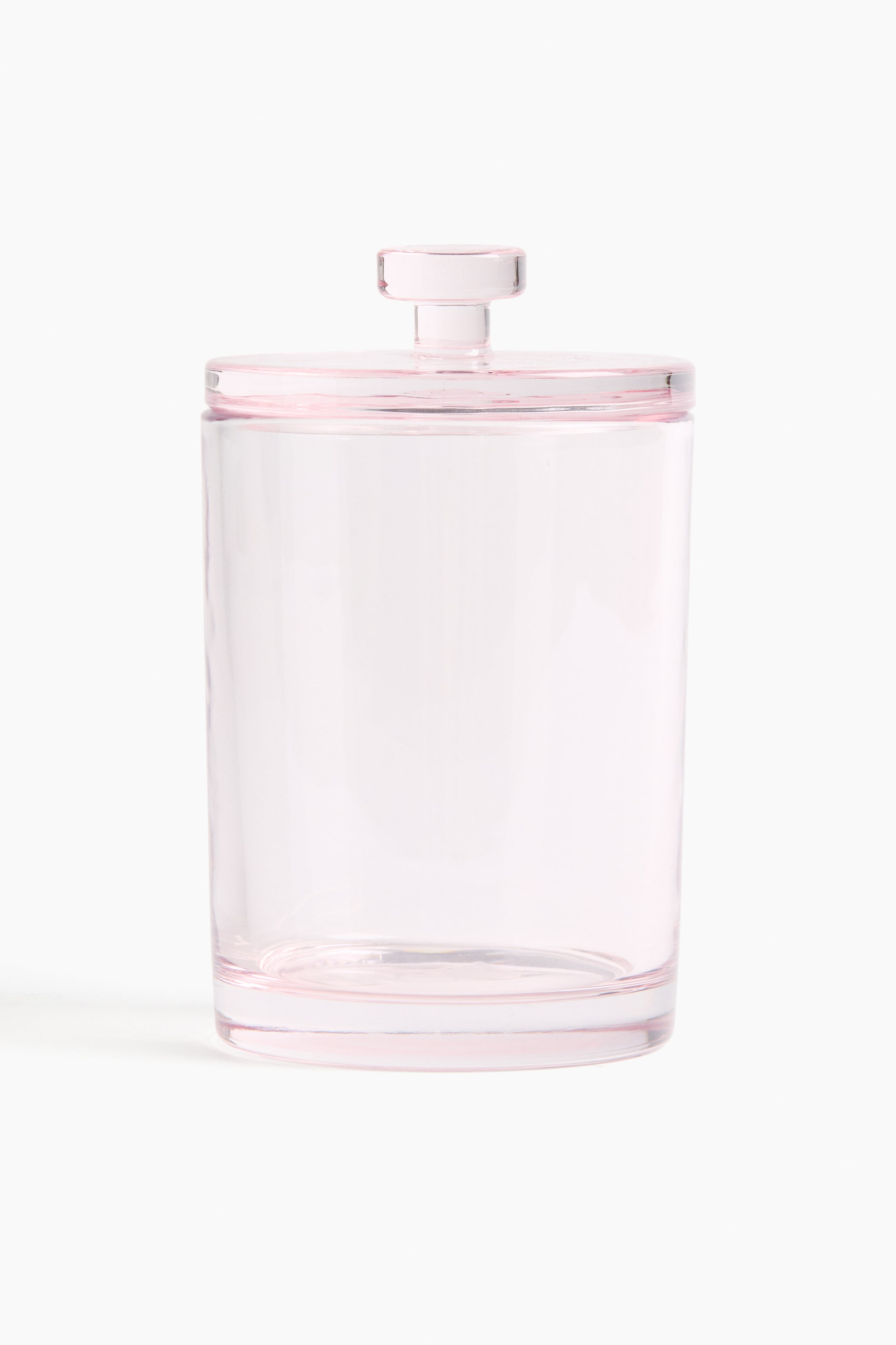 View larger image: A front-facing, cylindrical glass jar is featuring a lid with a knob. The jar is made of light pink tinted glass, measuring 10 cm in diameter and 16.2 cm in height.
