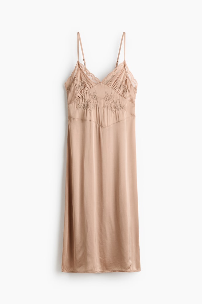 Besticktes Nachthemd aus Viskosesatin - Beige - 1