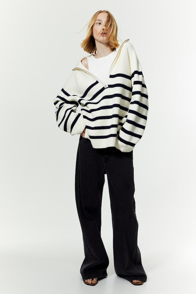 Zip-top rib-knit jumper - Cream/Striped - 1