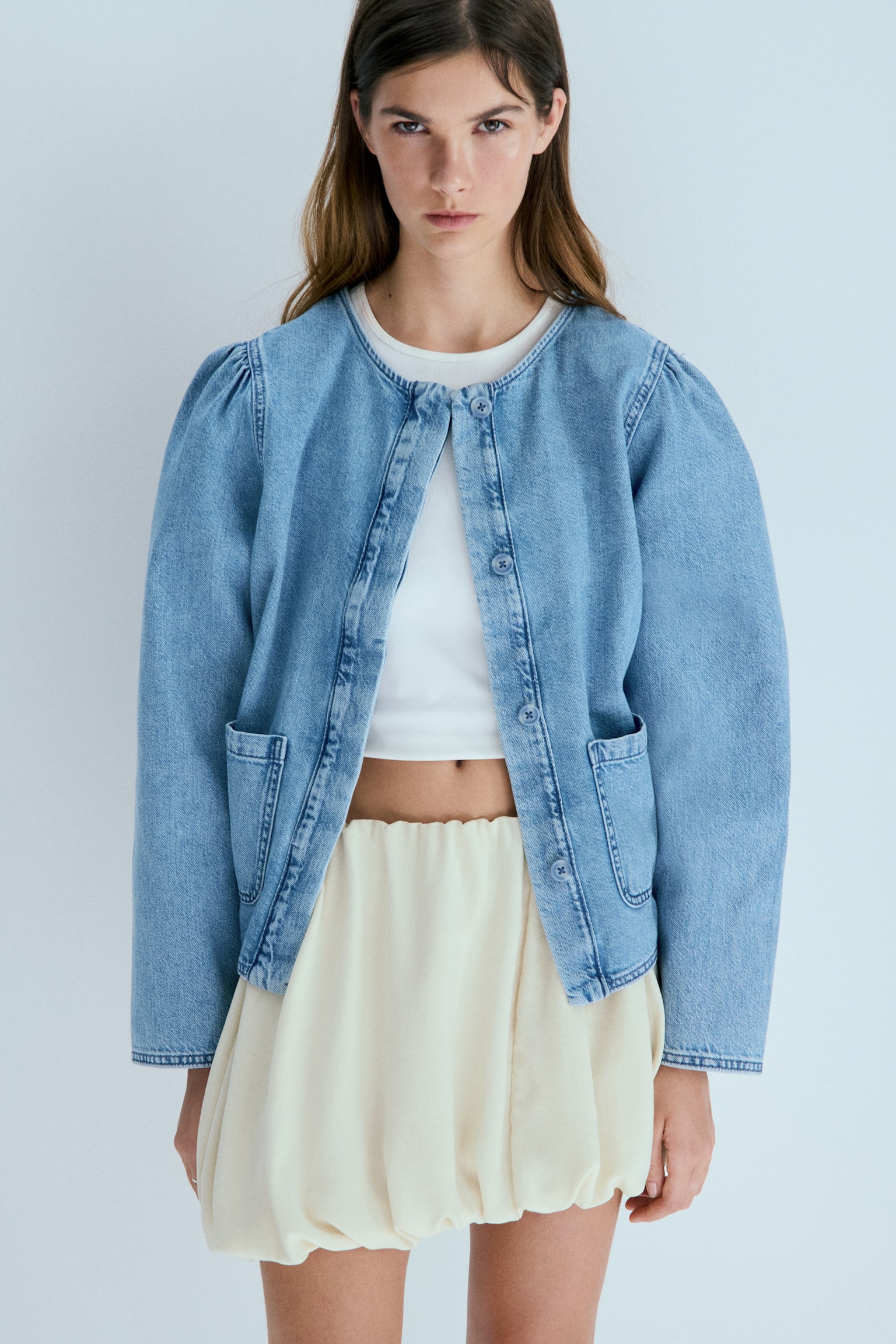 Puff-sleeved denim jacket - Light denim blue/Washed grey - 5