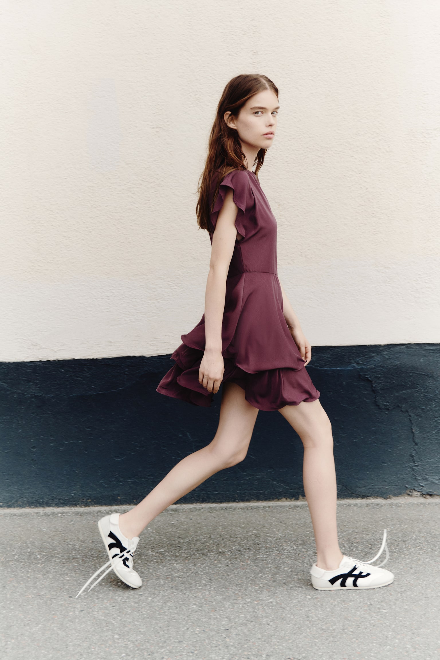 Tiered boat-neck dress - Plum red/Dark grey - 1