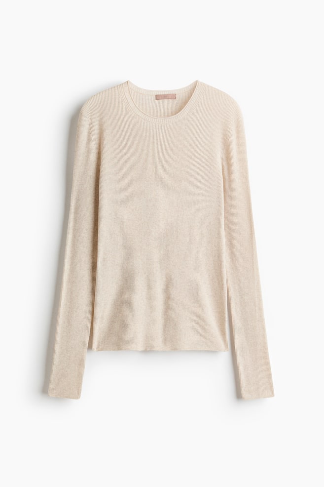 Langarmshirt aus Rippstrick - Hellbeigemeliert - 1